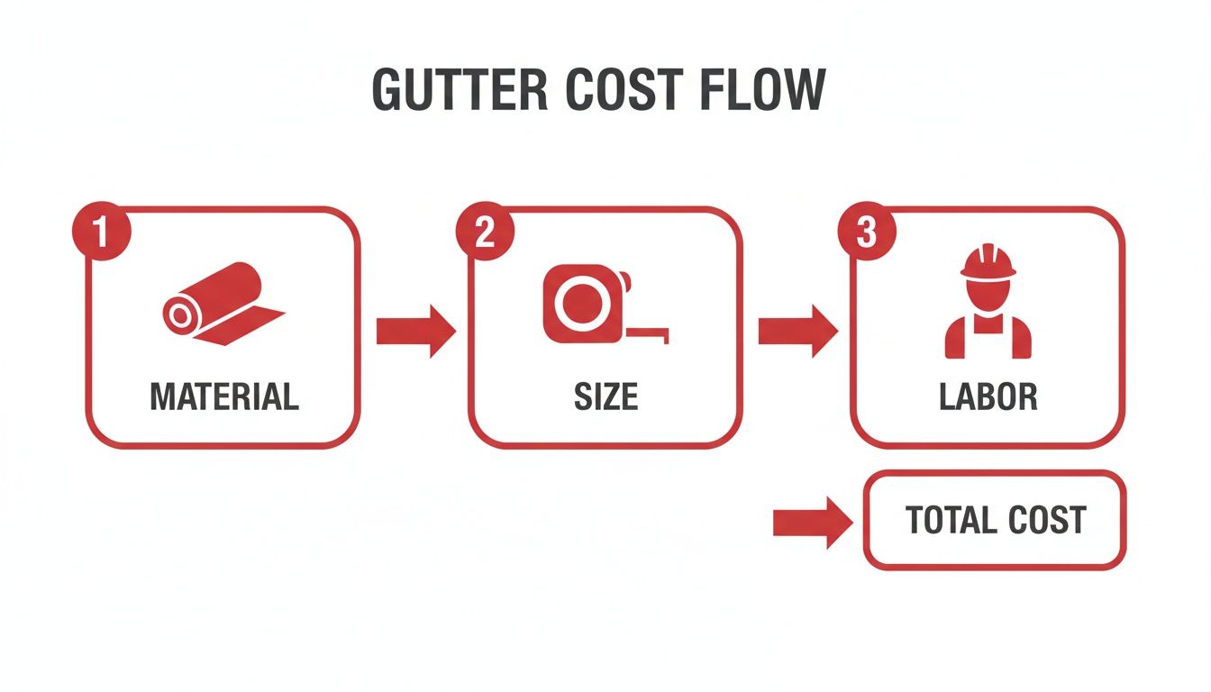 Flow chart illustrating gutter cost breakdown from material, size, and labor to total cost.