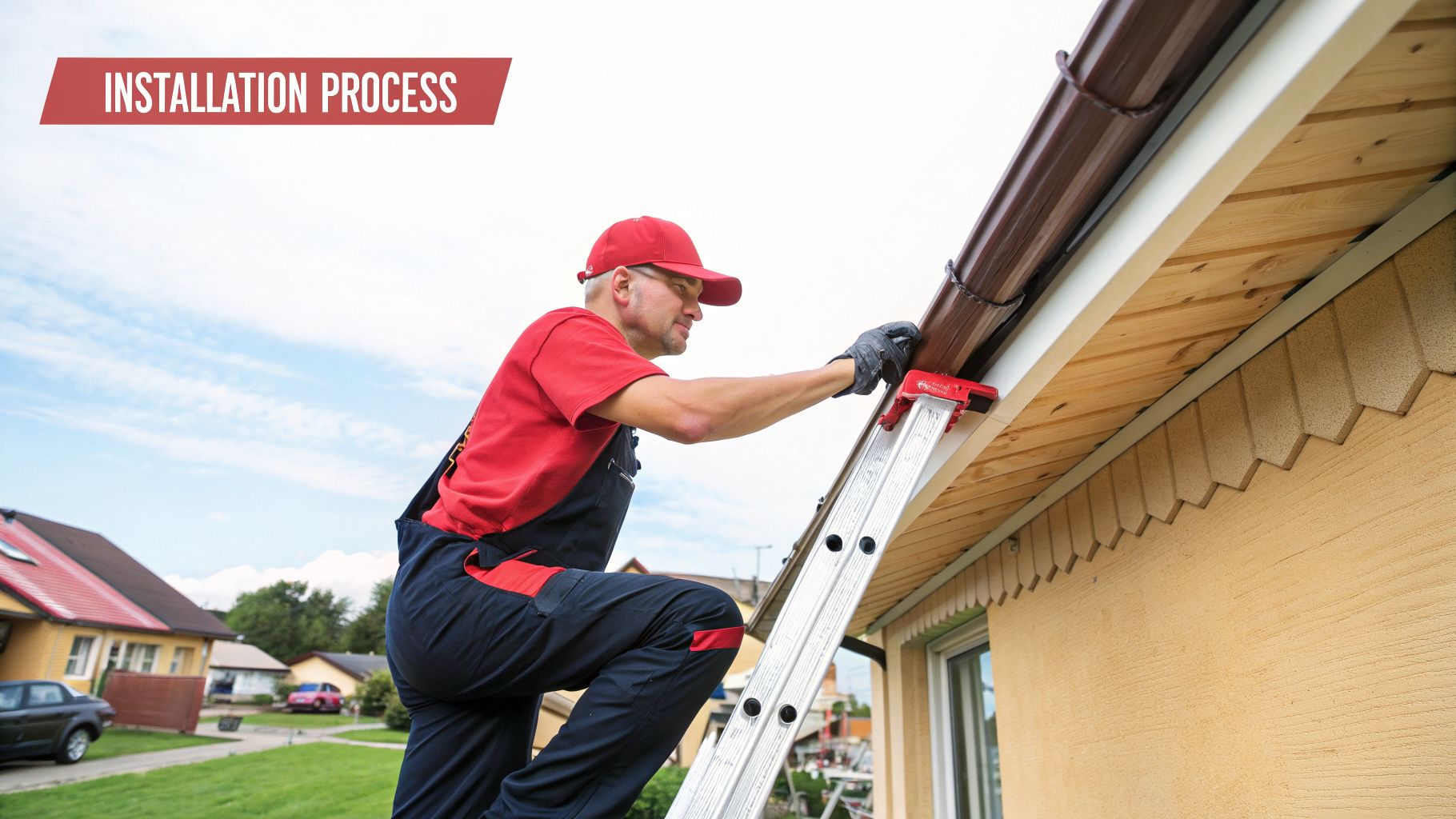 Worker in red cap and overalls installing a brown gutter system on a house facade.
