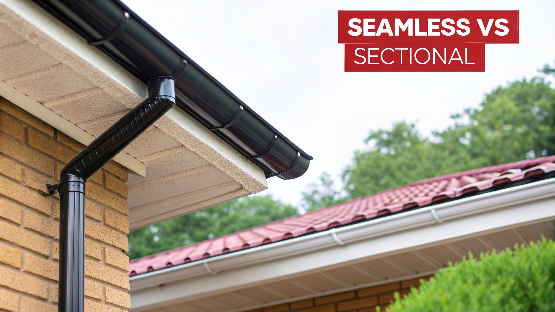 Close-up of black gutters and downspout on a brick house, comparing seamless vs sectional.