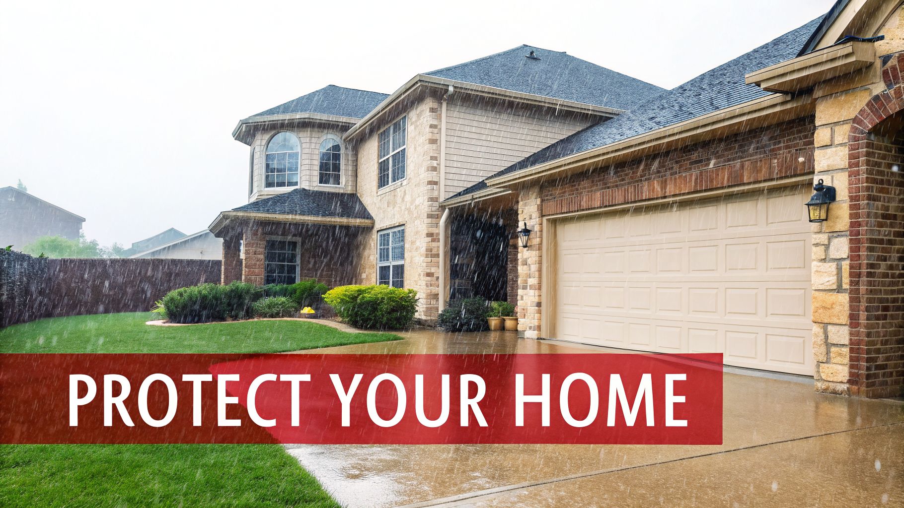 A two-story suburban house with a large garage, experiencing a rain shower with a 'PROTECT YOUR HOME' banner.