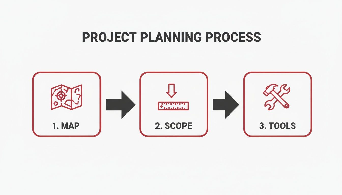 Diagram illustrating the project planning process with steps: Map, Scope, and Tools.