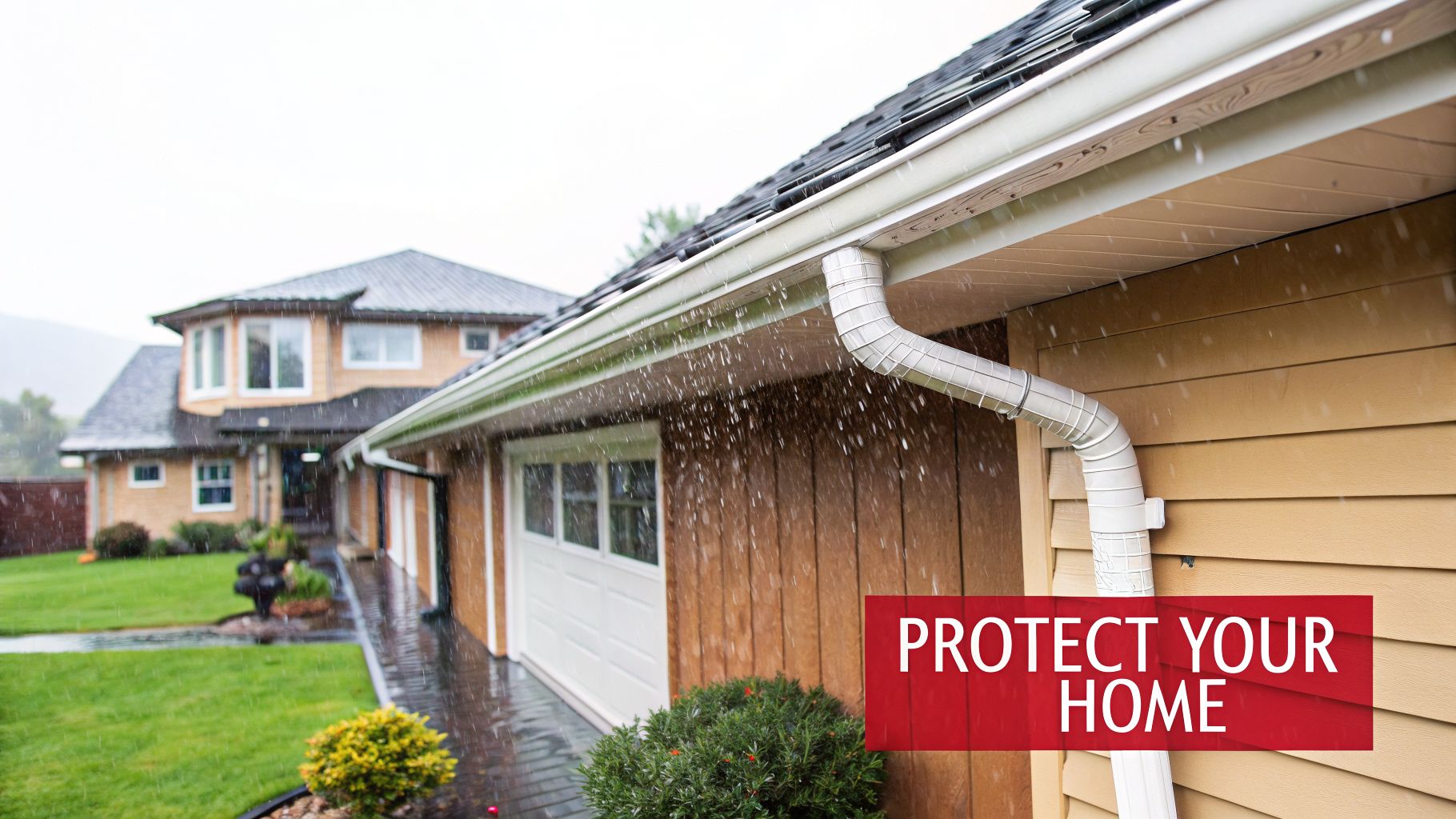 Rain falling into a white gutter system on a yellow house, with a 'PROTECT YOUR HOME' banner.
