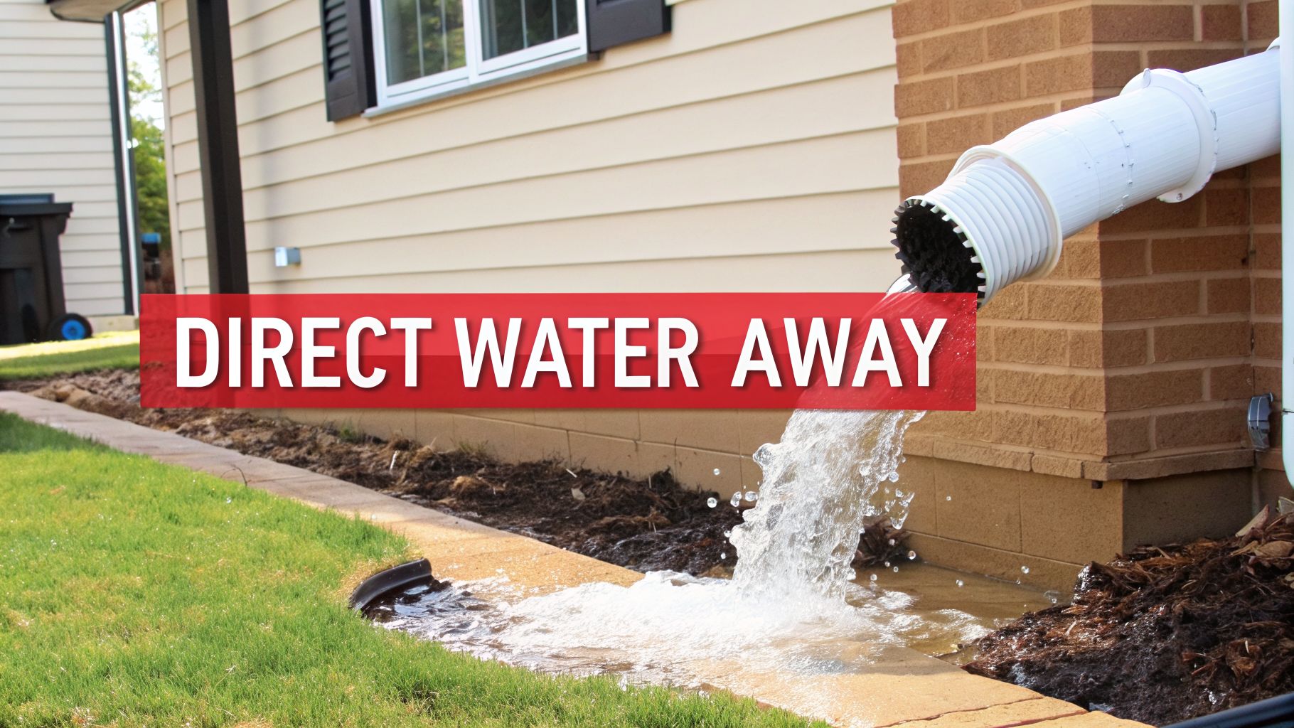A downspout extension directs a stream of rainwater away from a house foundation.