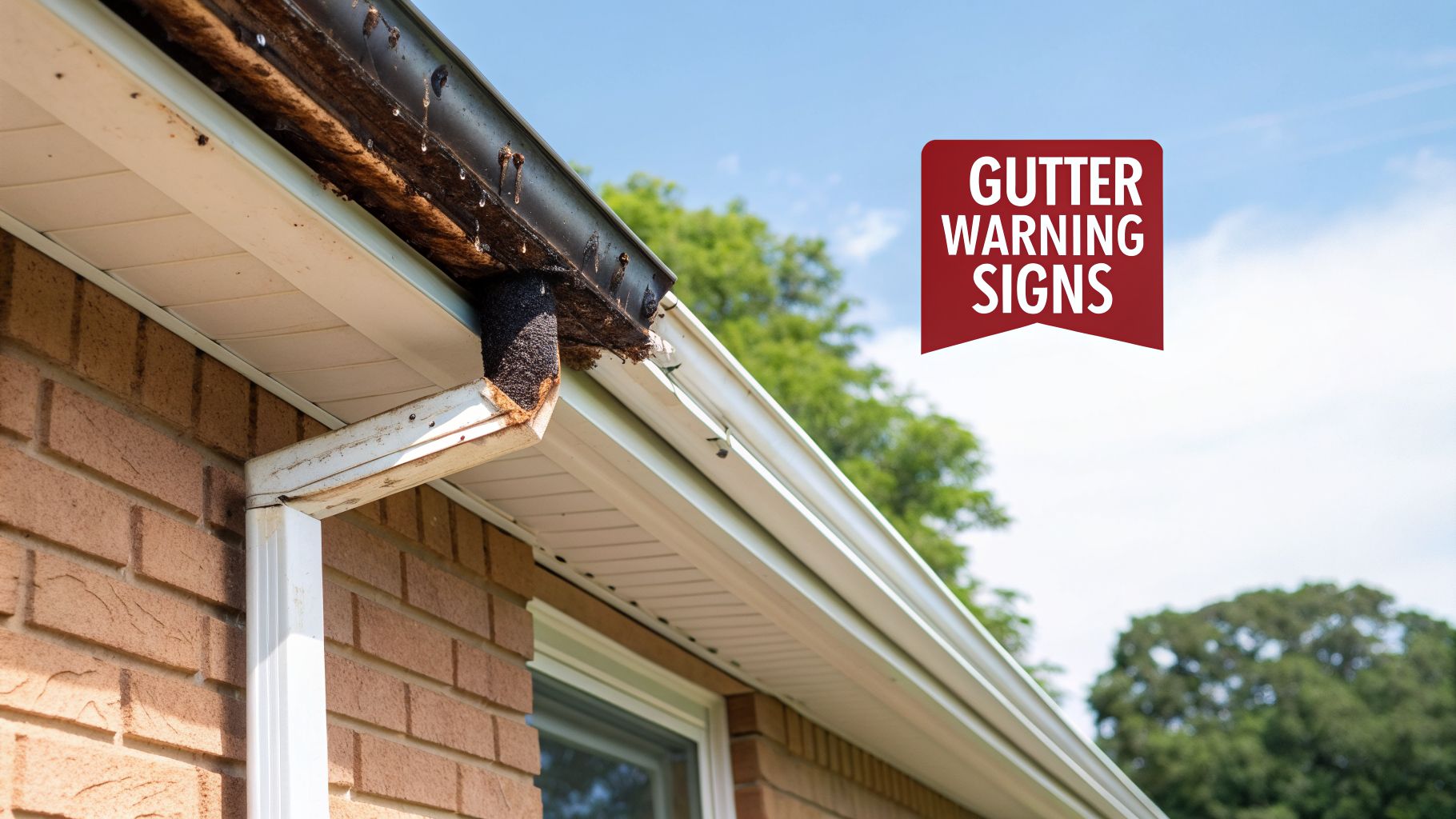 Close-up of a damaged, overflowing gutter full of debris on a residential house, showing clear warning signs.