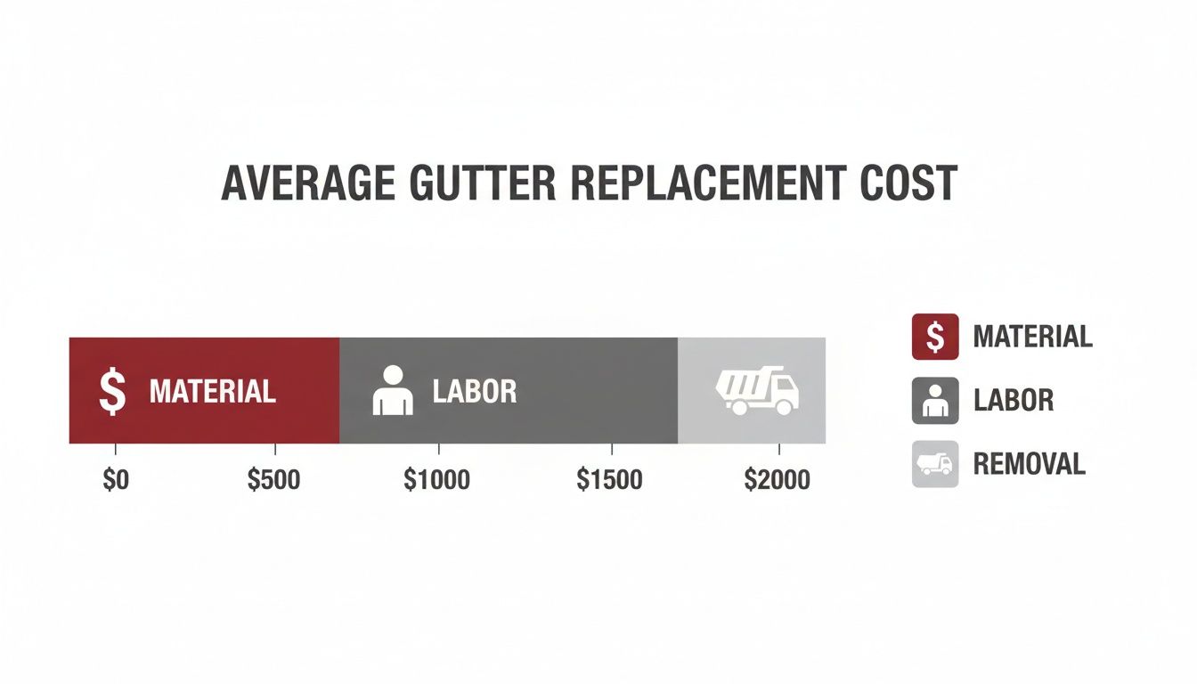 A bar chart breaking down the average gutter replacement cost into material, labor, and removal.