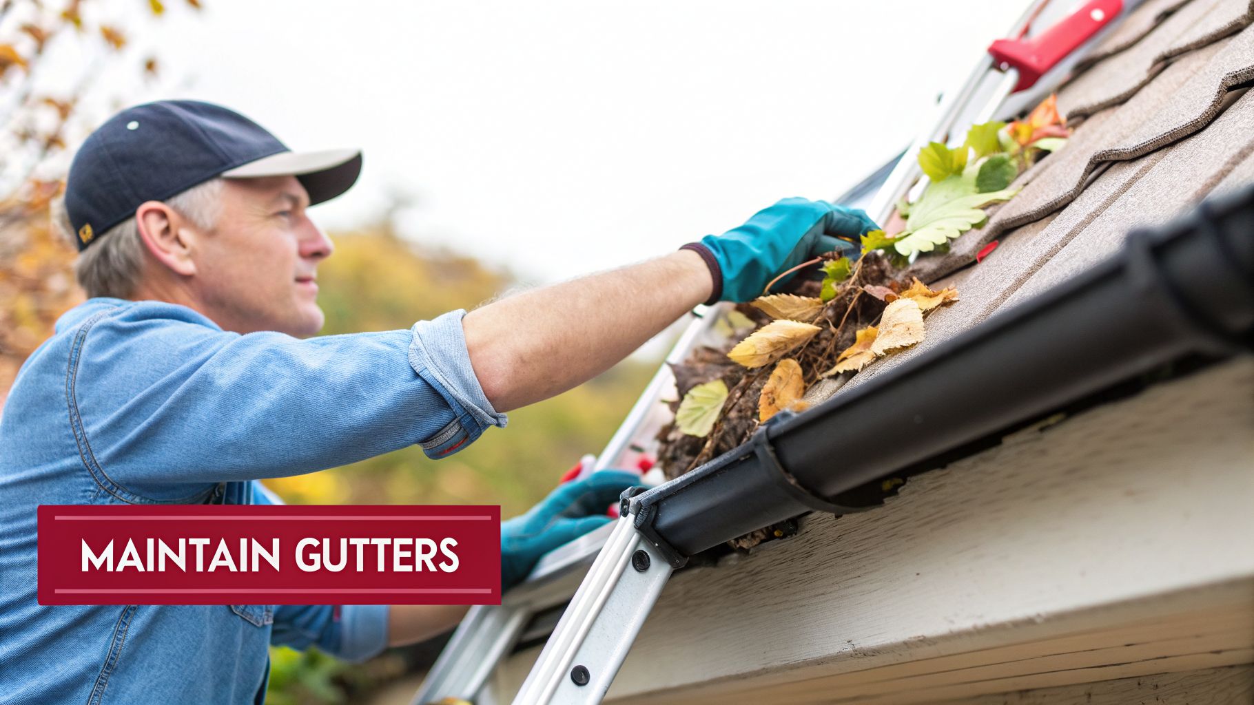 A man on a ladder wearing gloves, cleaning autumn leaves and debris from a house gutter.