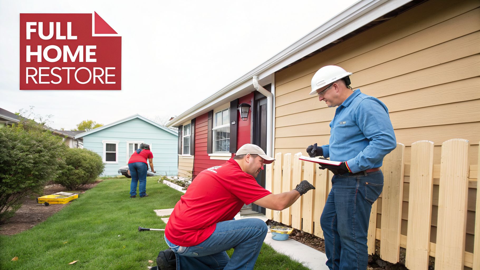 Contractors performing a full home restoration, inspecting and working on a residential property.