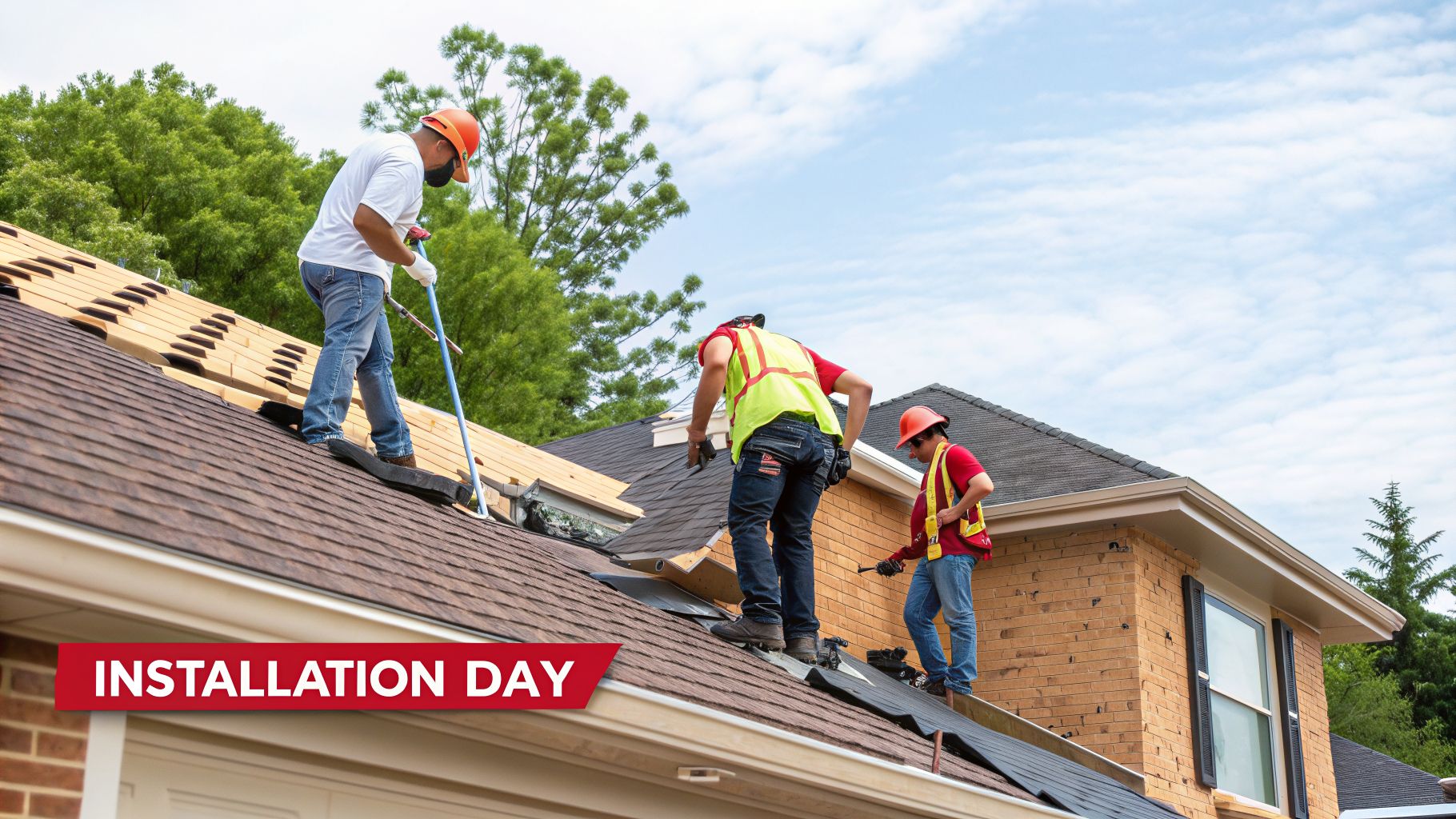 Three roofers in hard hats and safety gear work on shingle installation and repair on a house.