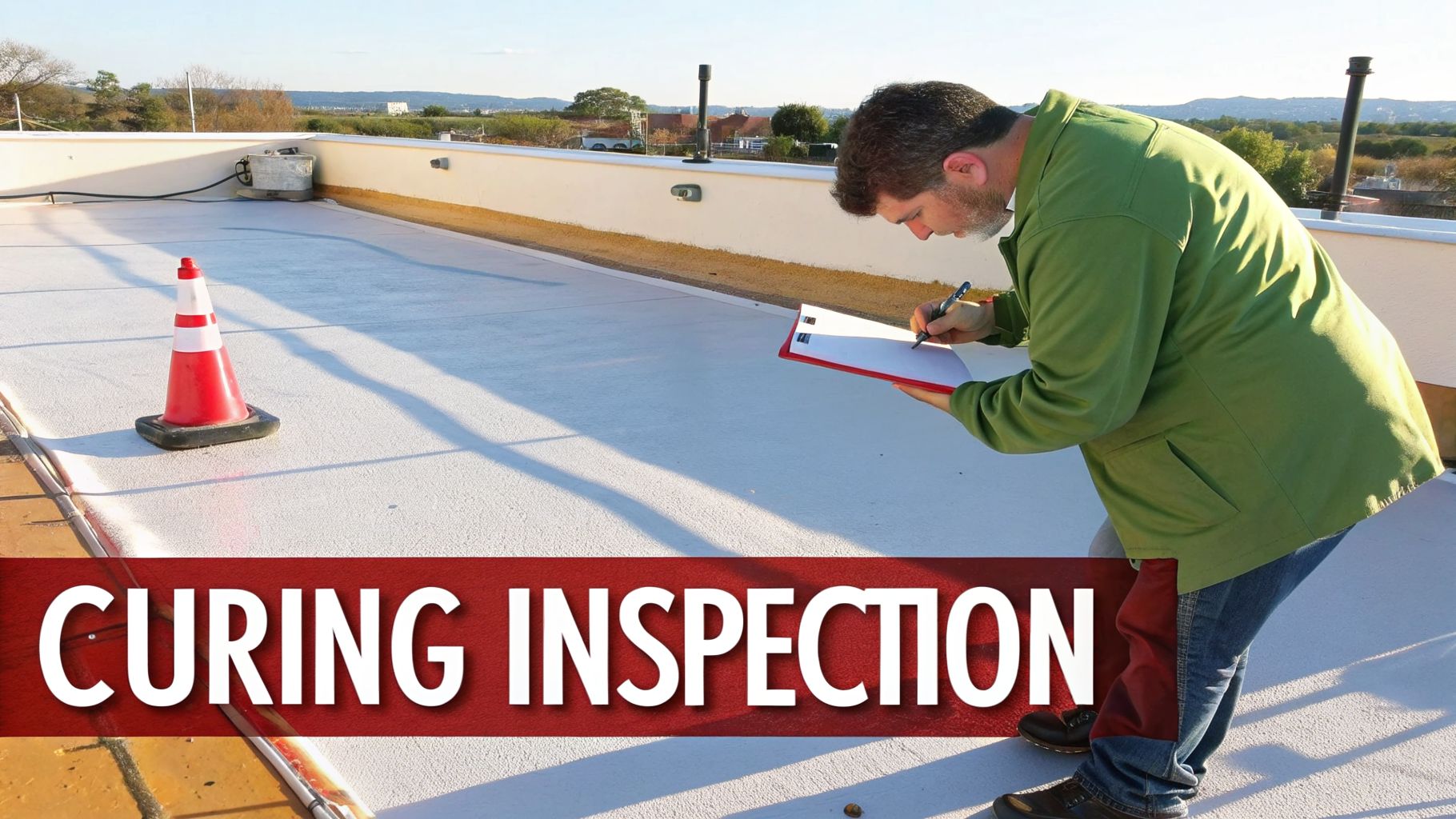 A man in a green jacket performs a curing inspection on a white coated rooftop.