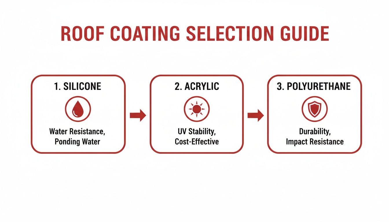 A selection guide showing silicone, acrylic, and polyurethane roof coatings with their key benefits.