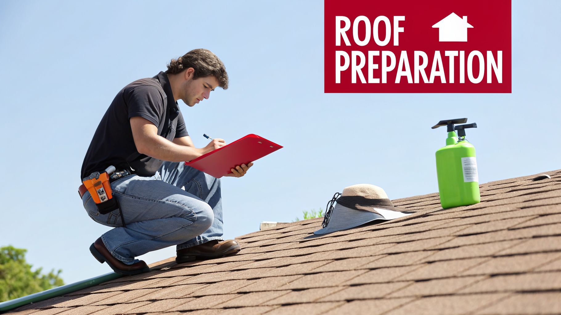 A man on a shingle roof writes notes on a red clipboard, with a hat and green spray bottle nearby.