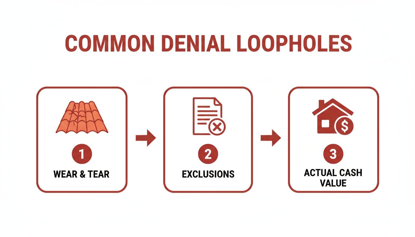 Infographic showing three common reasons for insurance claim denial: wear and tear, policy exclusions, and actual cash value.
