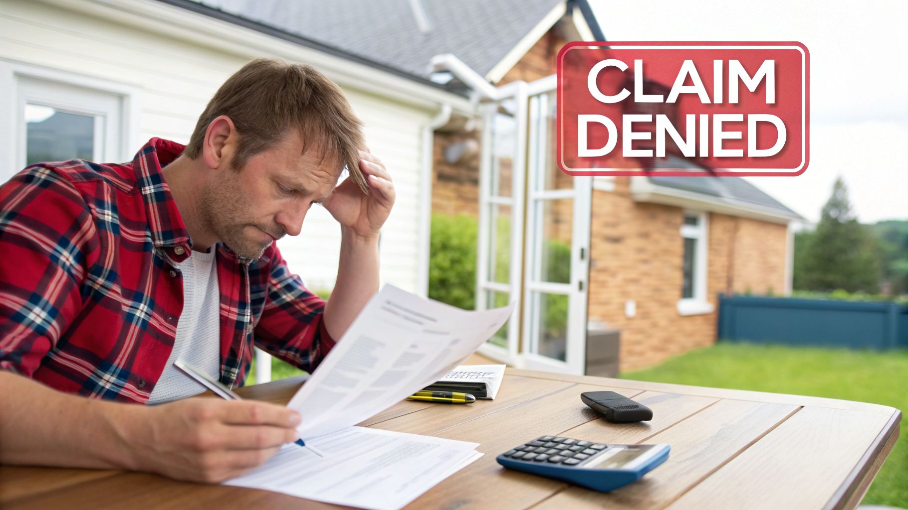 A distressed man reads a 'CLAIM DENIED' letter at an outdoor table, symbolizing insurance refusal disappointment.