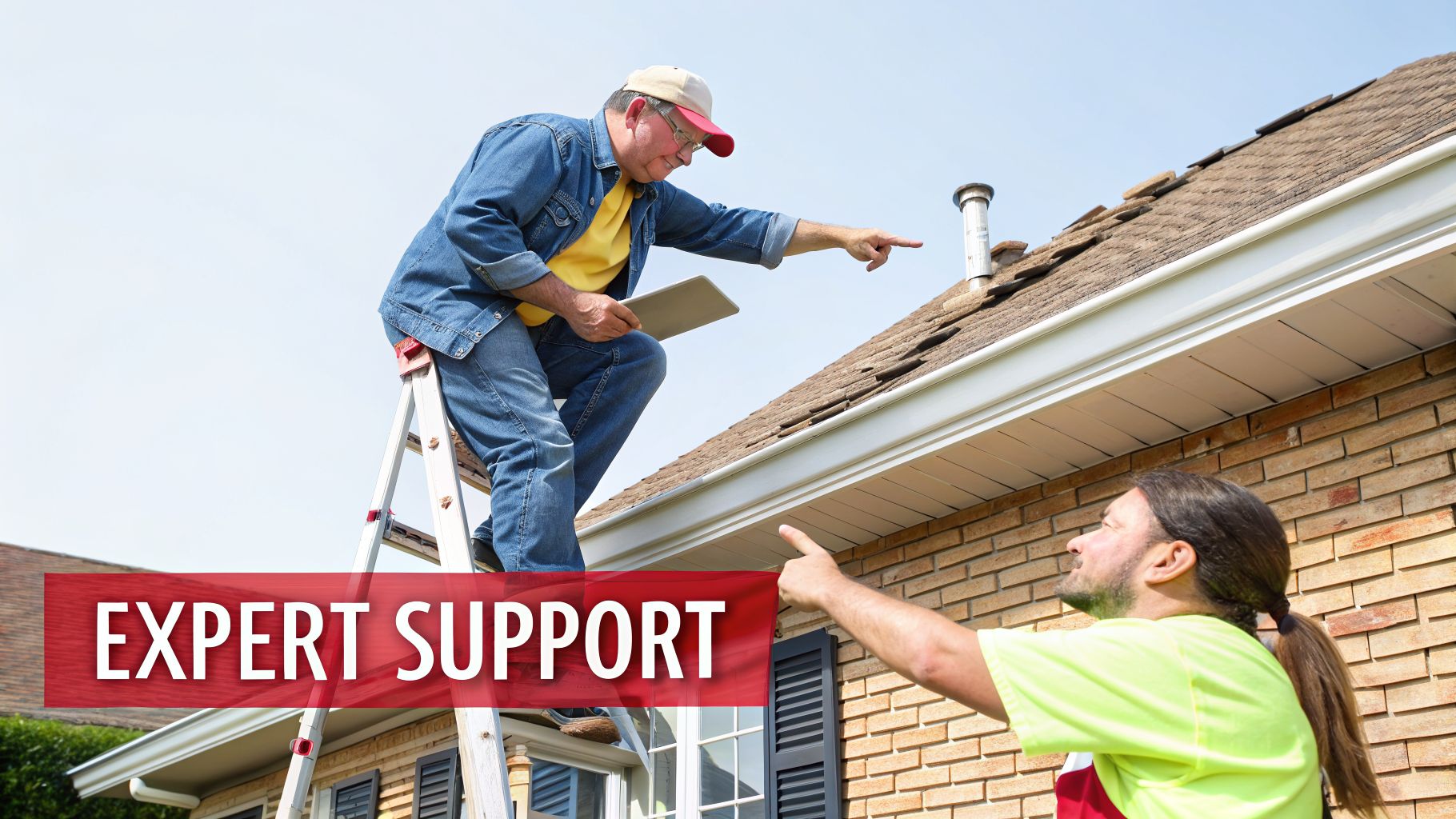 Two men inspecting a house roof, one on a ladder with a tablet, discussing potential issues.