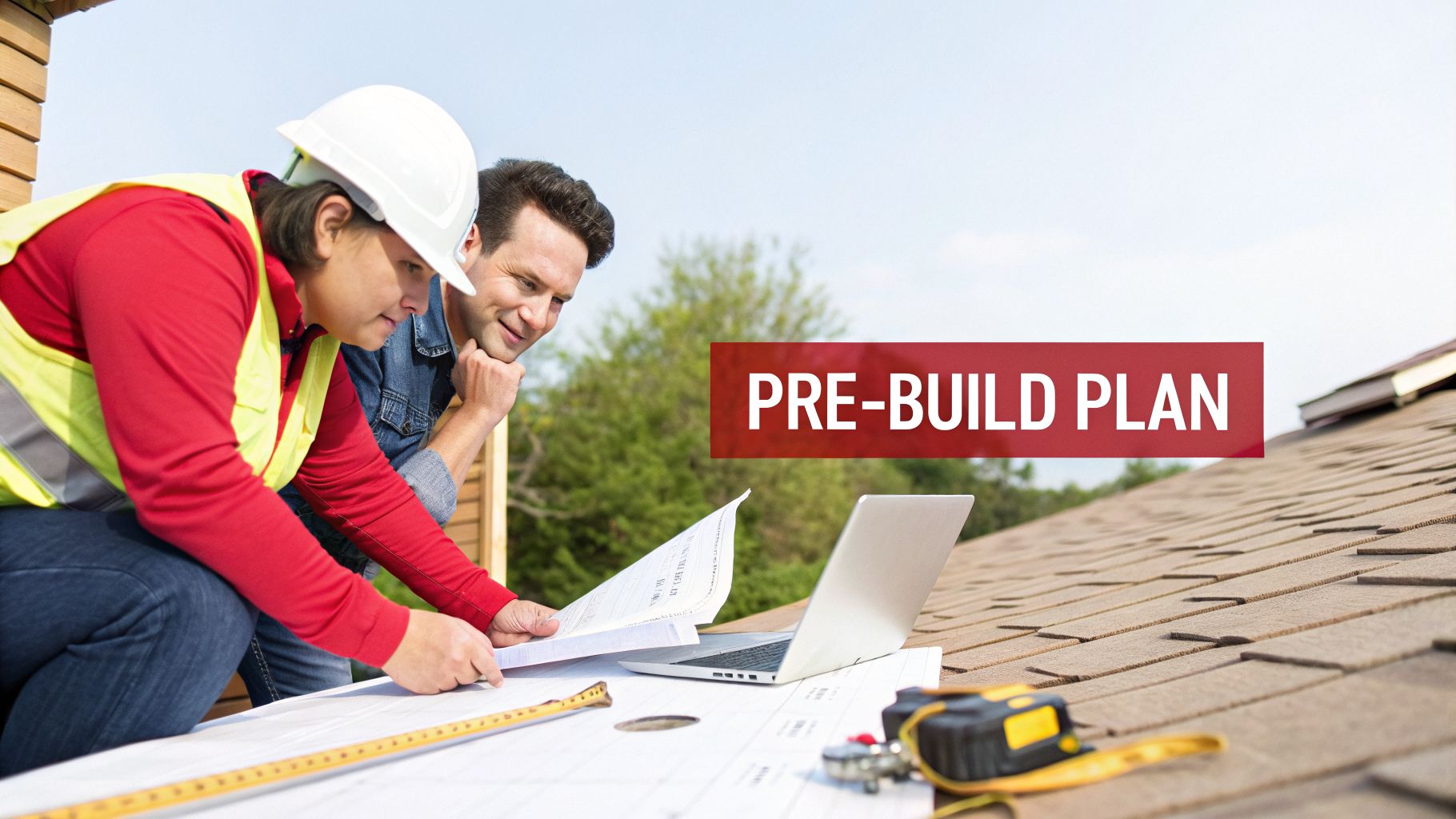 Construction workers, one in a hard hat, reviewing blueprints and a laptop outdoors, planning a new build.