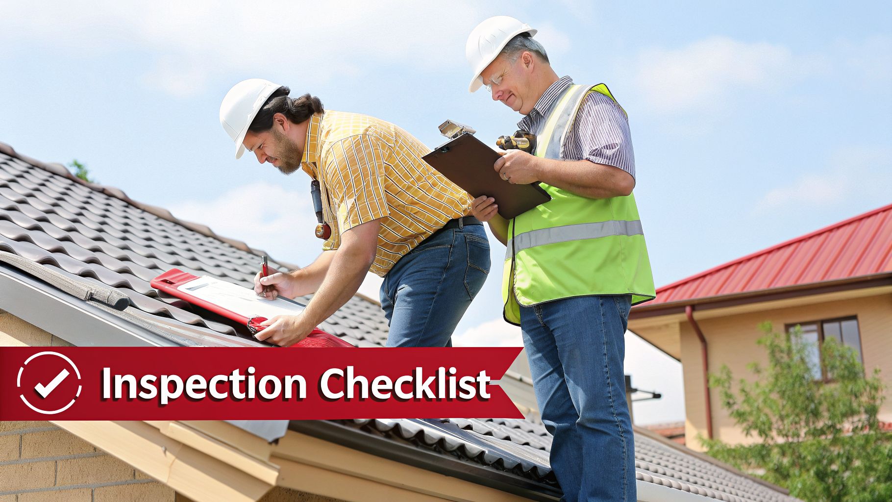 Two professional inspectors on a residential tiled roof, one writing on a checklist, both wearing hard hats.