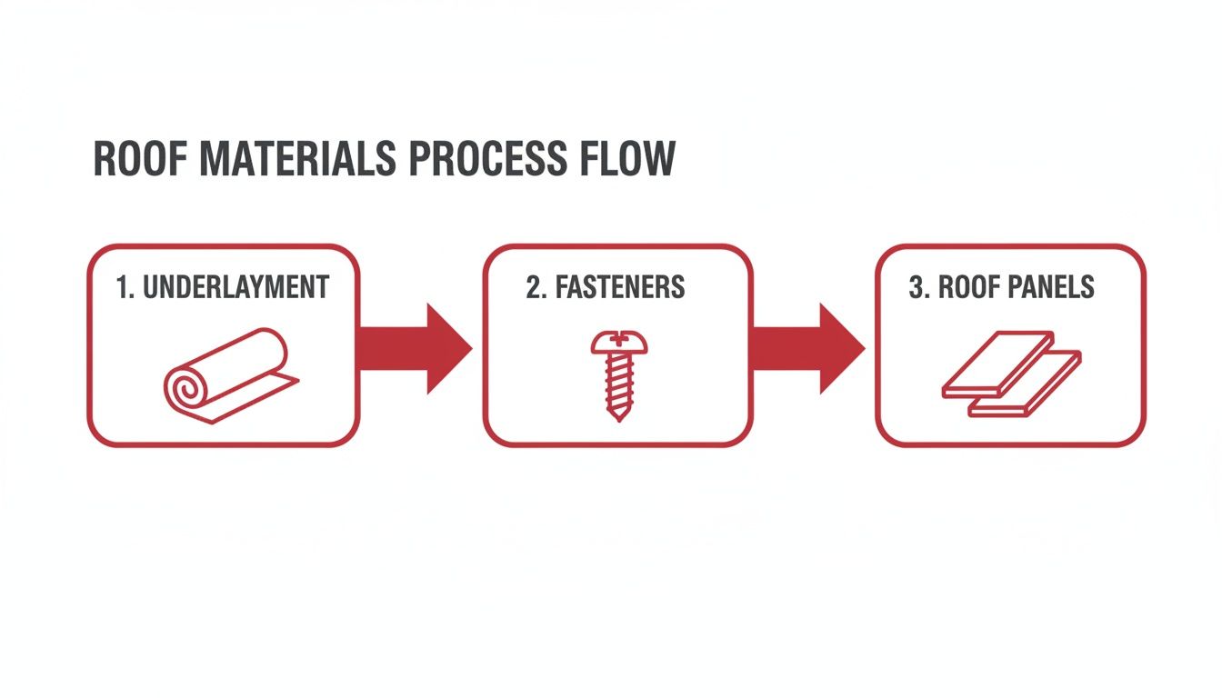 A diagram illustrating the roof materials process flow, showing underlayment, fasteners, and roof panels in sequence.