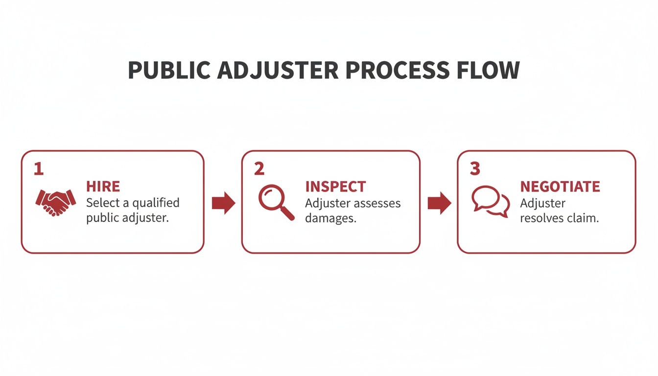 Flowchart illustrating the three-step public adjuster process: hire, inspect damages, and negotiate claim resolution.