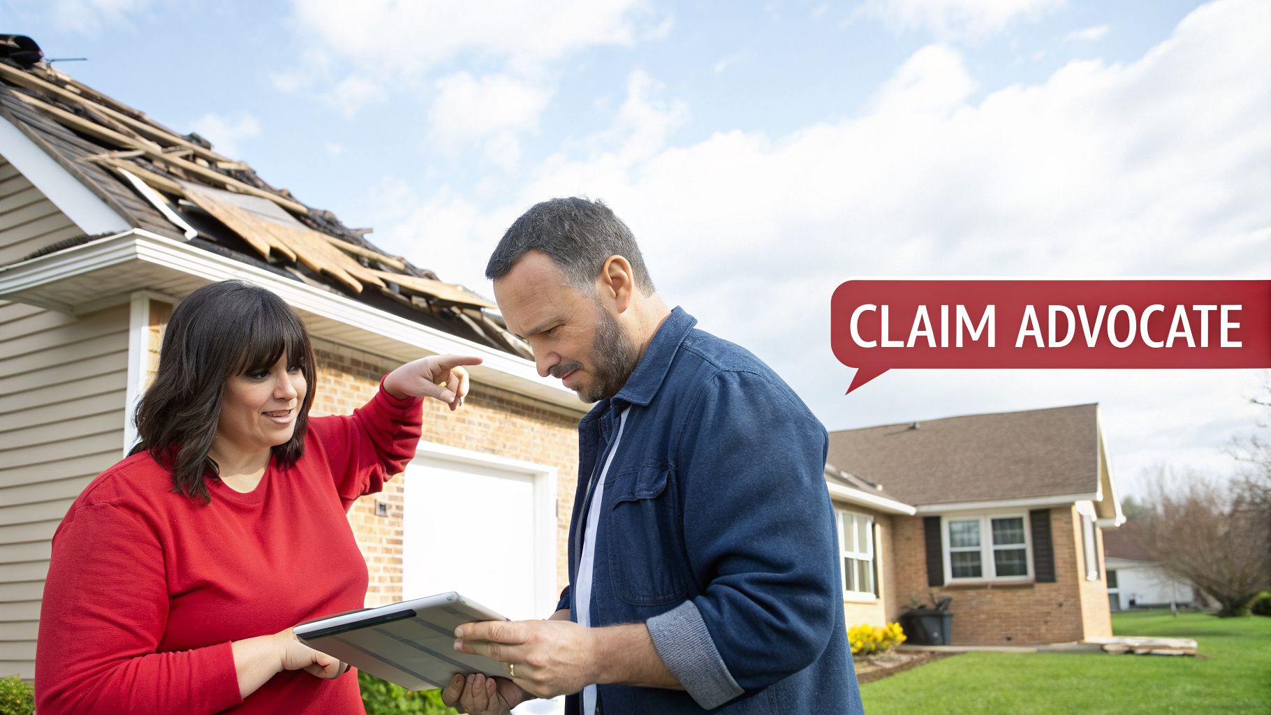 A woman points at a severely damaged roof while discussing a claim with a man holding a tablet.