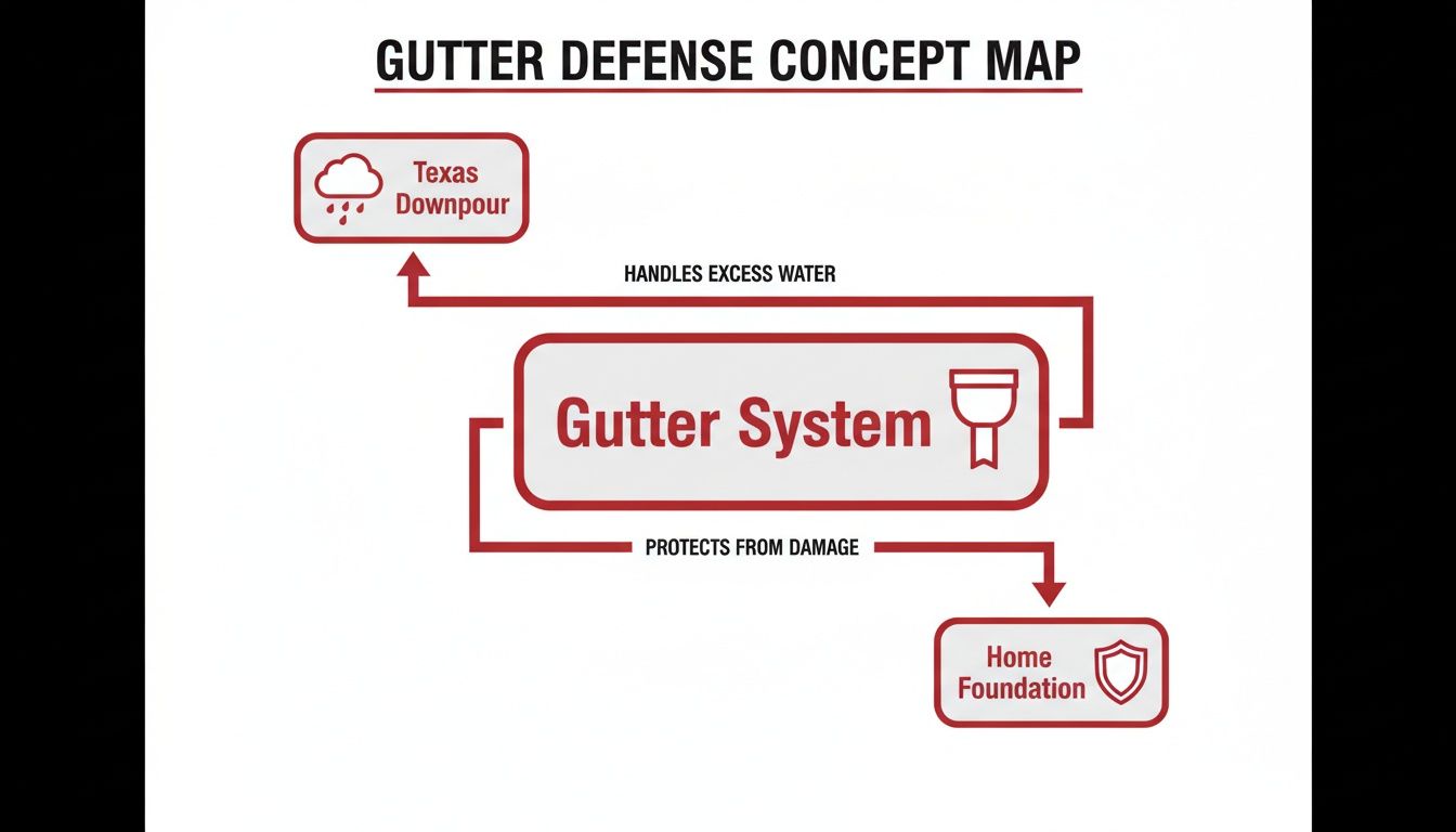 A concept map titled 'Gutter Defense' showing how a Gutter System handles Texas Downpour and protects a Home Foundation from damage.