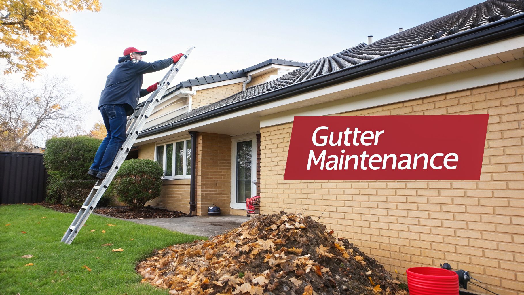 A person in safety gear on a ladder cleaning a house's rain gutters during autumn.