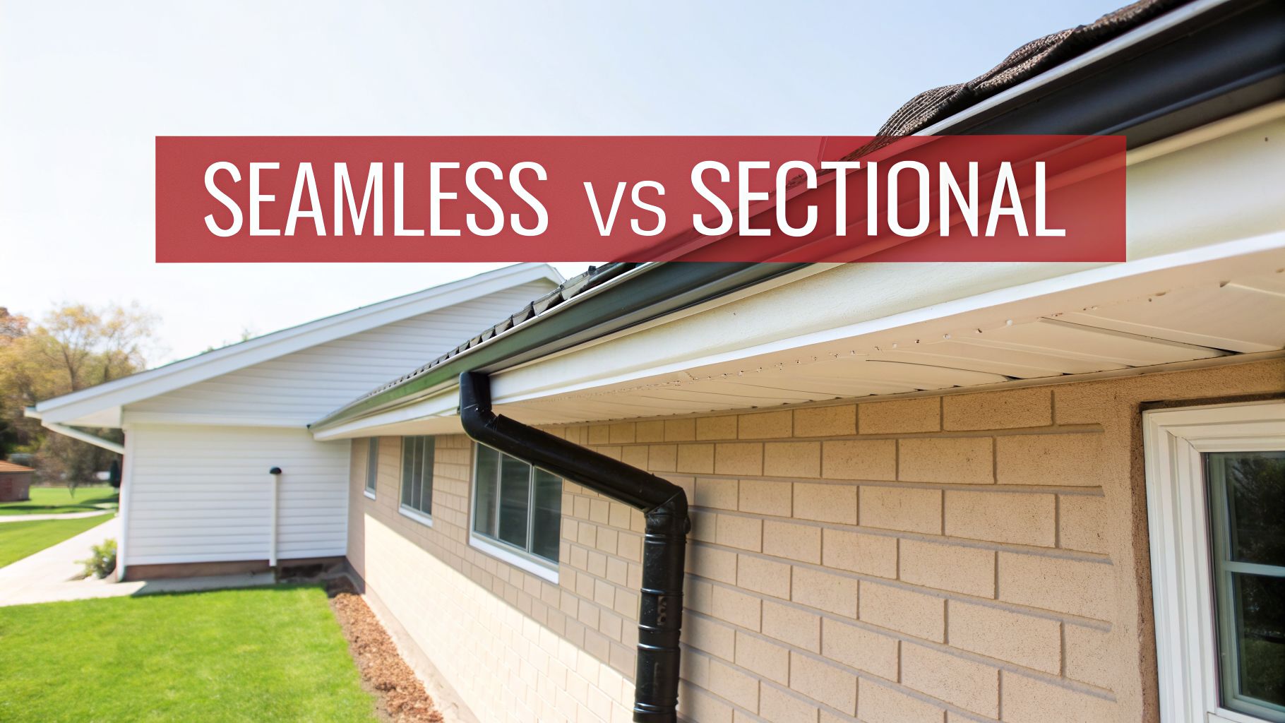 A house features a black gutter system and downspout, with a banner displaying 'Seamless vs Sectional'.