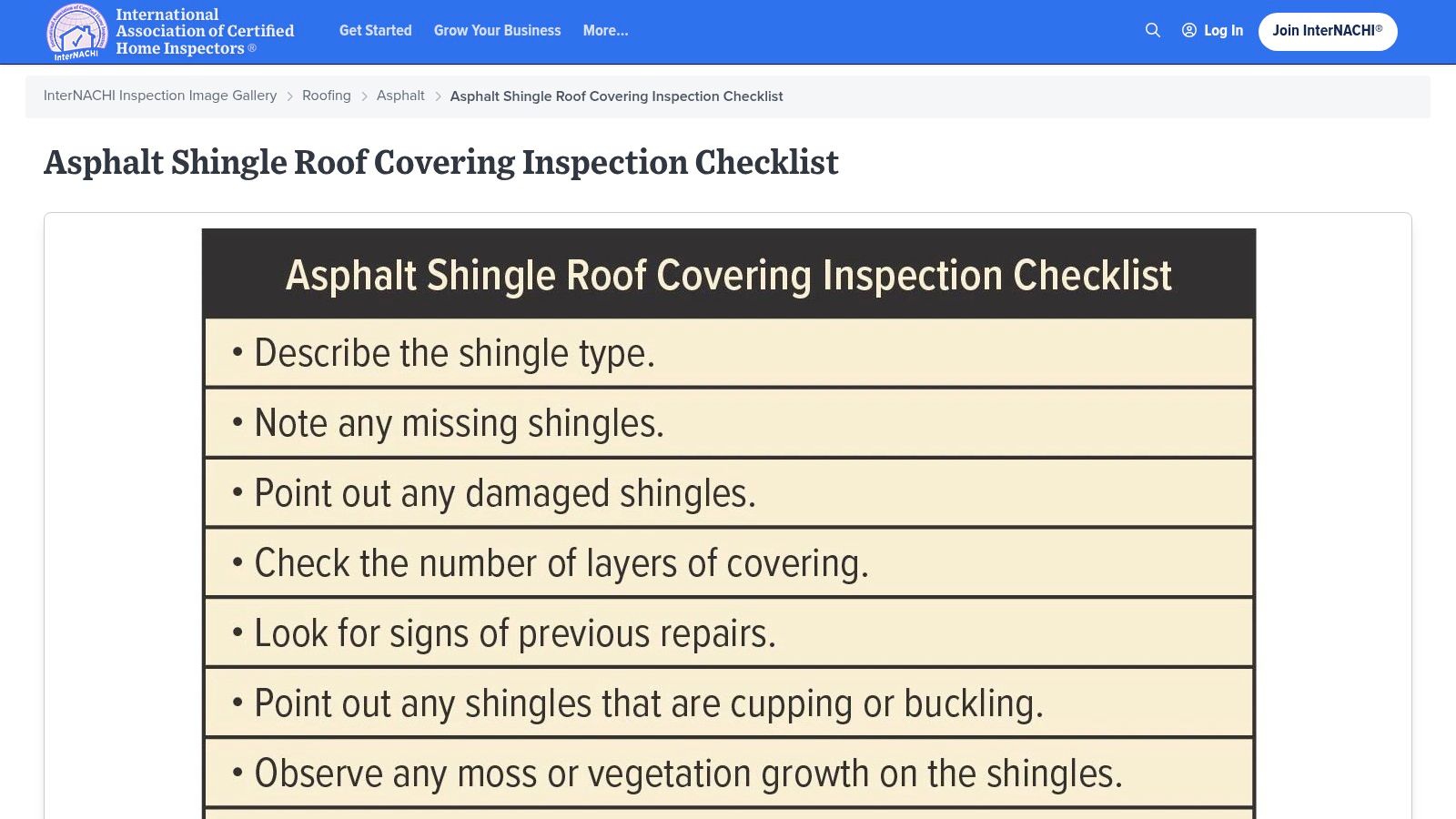InterNACHI – Asphalt Shingle Roof Covering Inspection Checklist
