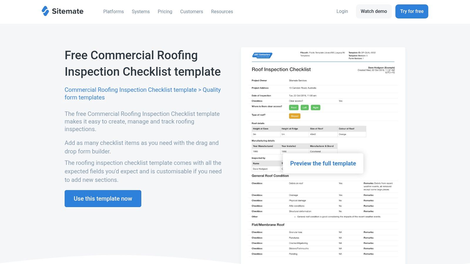Sitemate (Dashpivot) – Commercial Roof Inspection Checklist (smart form)