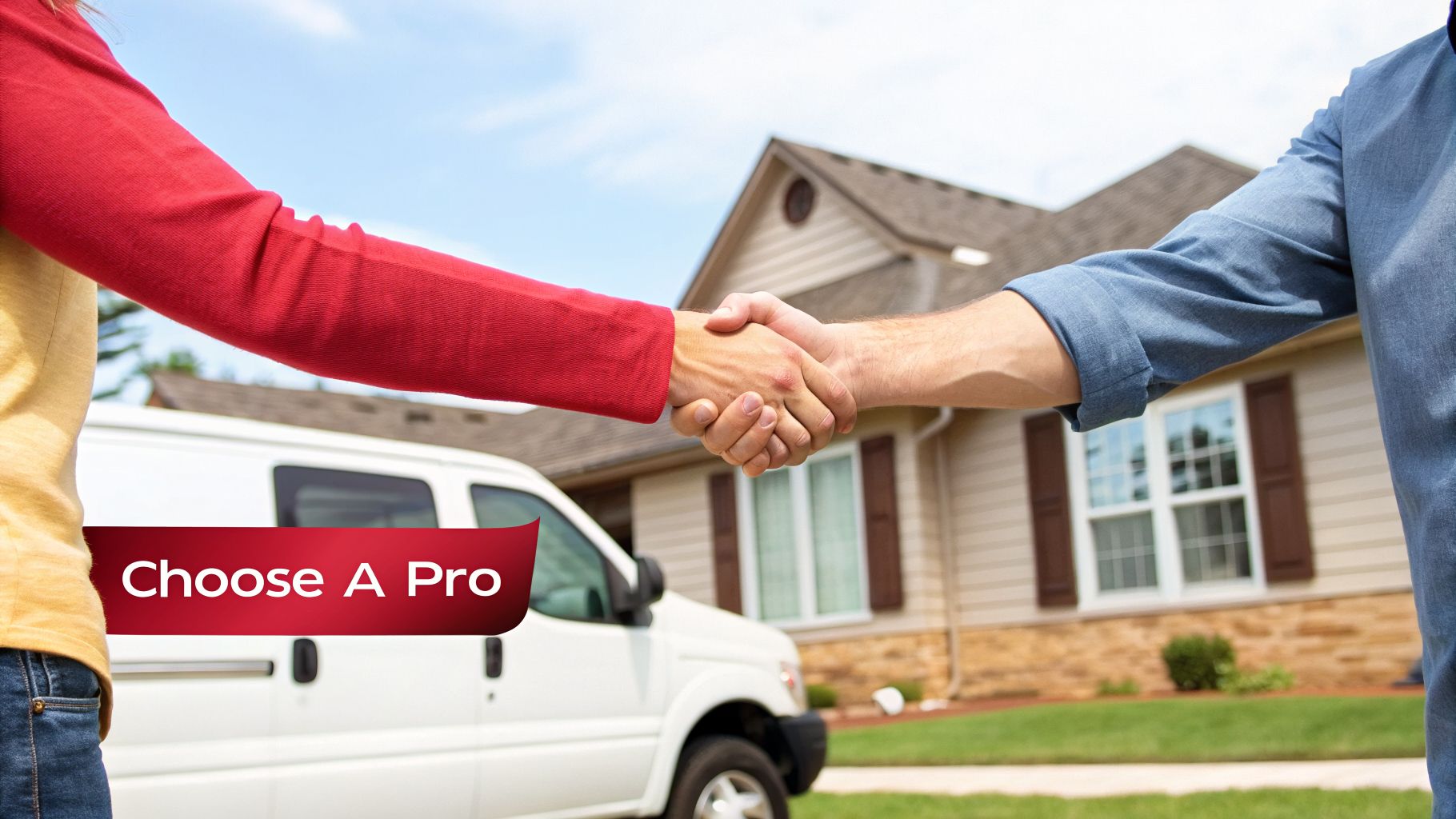 Professionals shaking hands in front of a house and service van with 'Choose A Pro' banner.