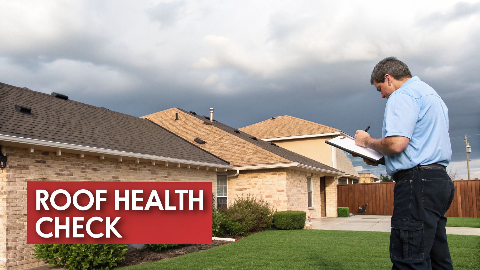 A home inspector performs a roof health check, writing on a clipboard outside residential houses.