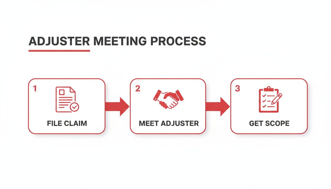 A three-step infographic showing the adjuster meeting process: file claim, meet adjuster, and get scope.