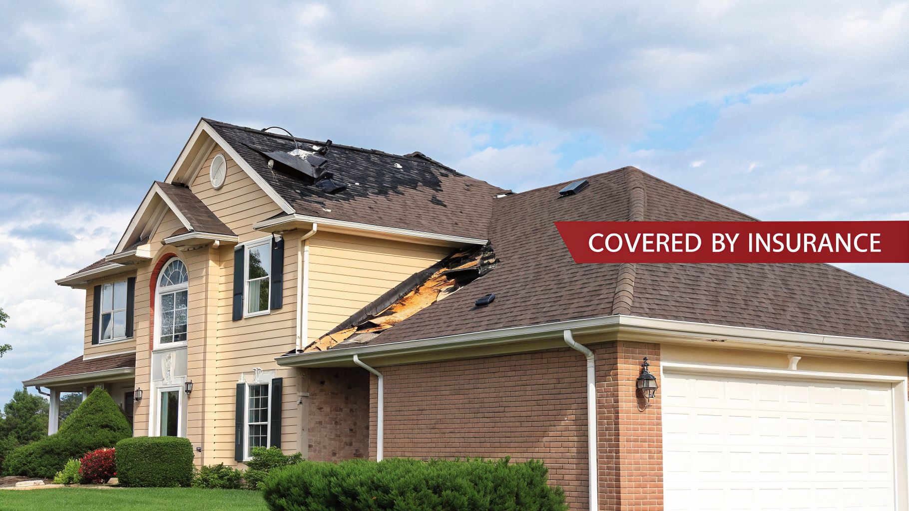 A large house with severe storm damage to its roof, with a banner stating 'COVERED BY INSURANCE'.