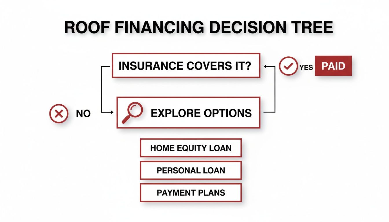 A decision tree diagram illustrating roof financing options, starting with insurance coverage and exploring loan types.