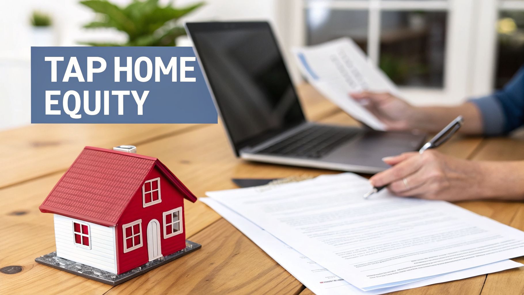 A person works on a laptop, reviewing documents with a pen, next to a miniature house model and 'TAP HOME EQUITY' text.