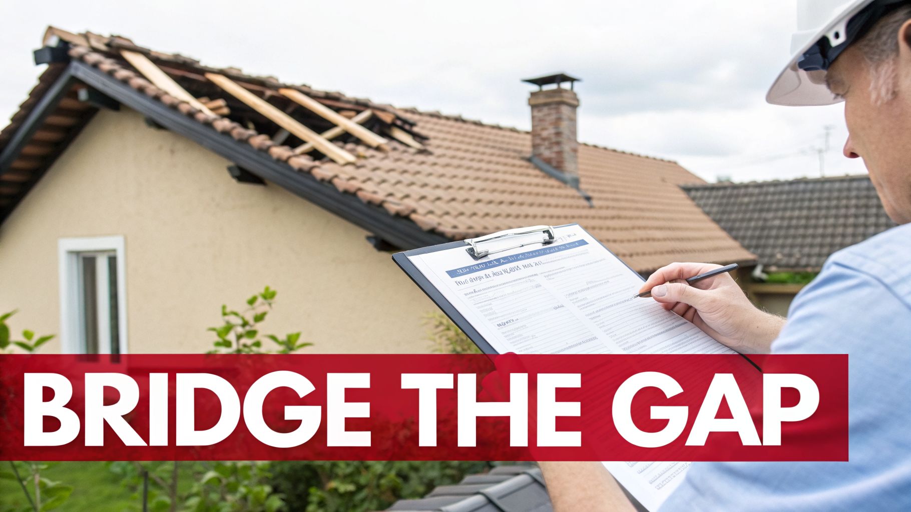 A roofer in a hard hat inspects a damaged house roof with missing tiles, writing on a clipboard.