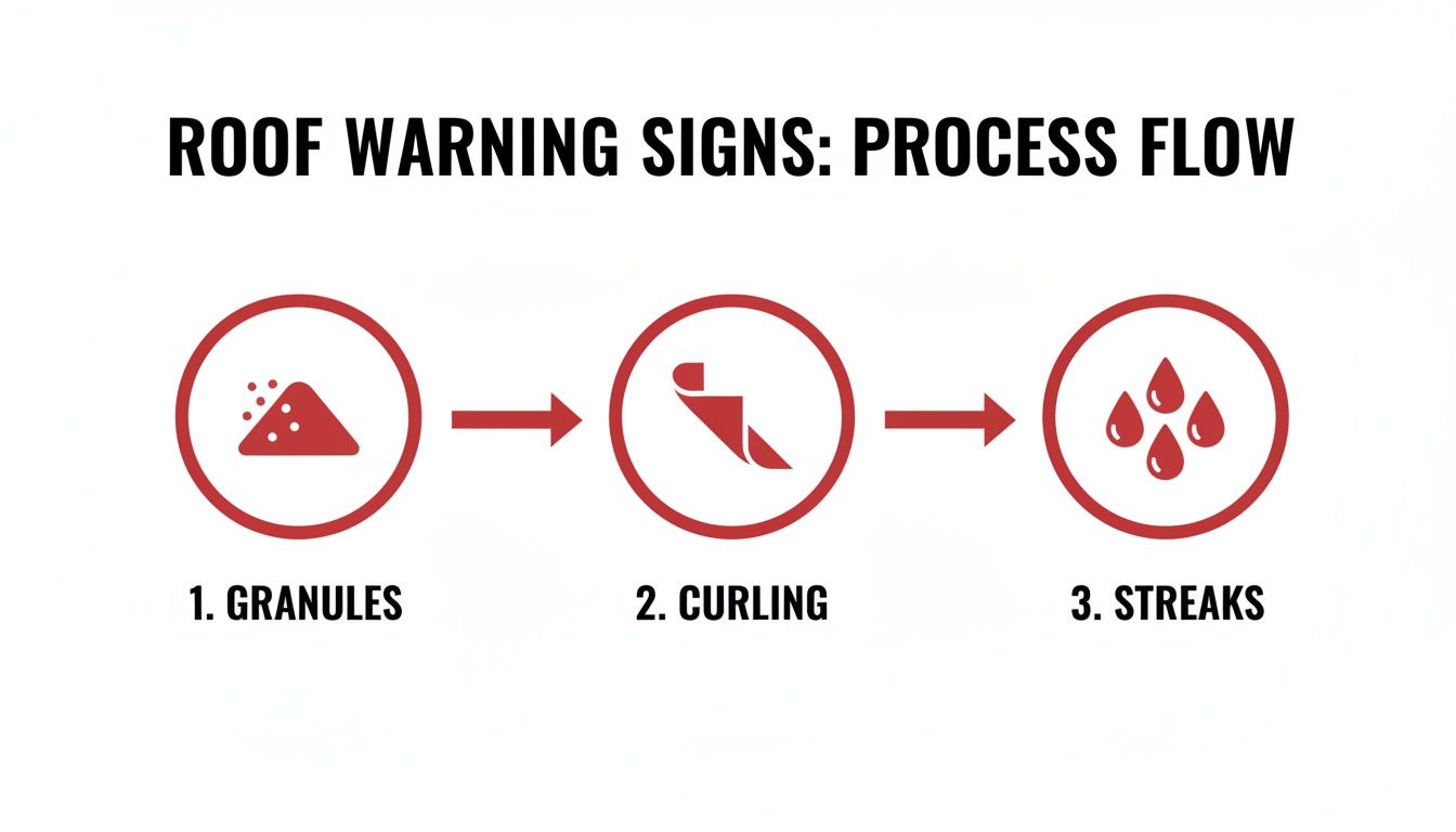 Process flow diagram illustrating roof warning signs: granules, curling, and streaks.