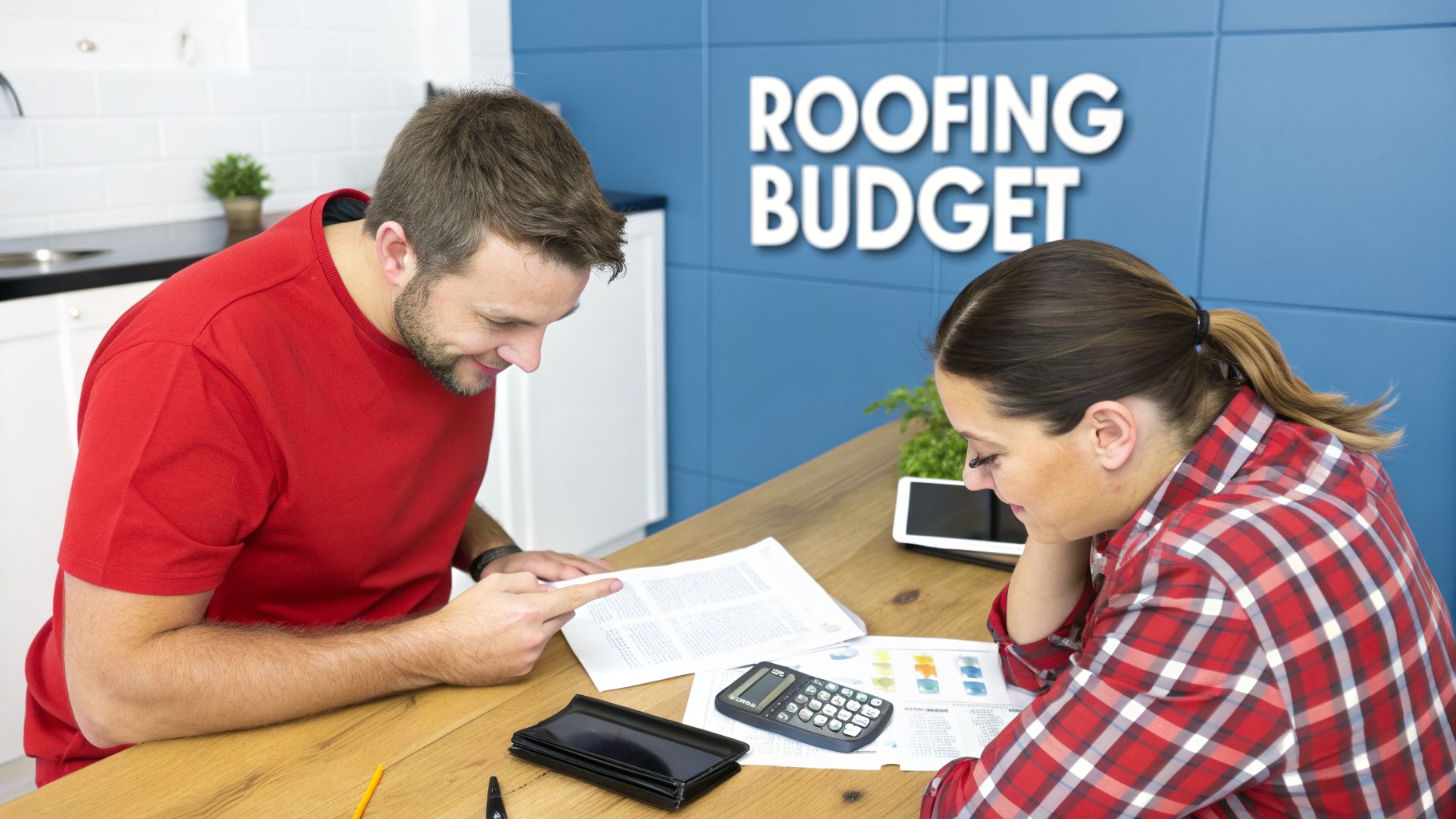 A couple reviewing roofing budget documents and using a calculator at a wooden table.