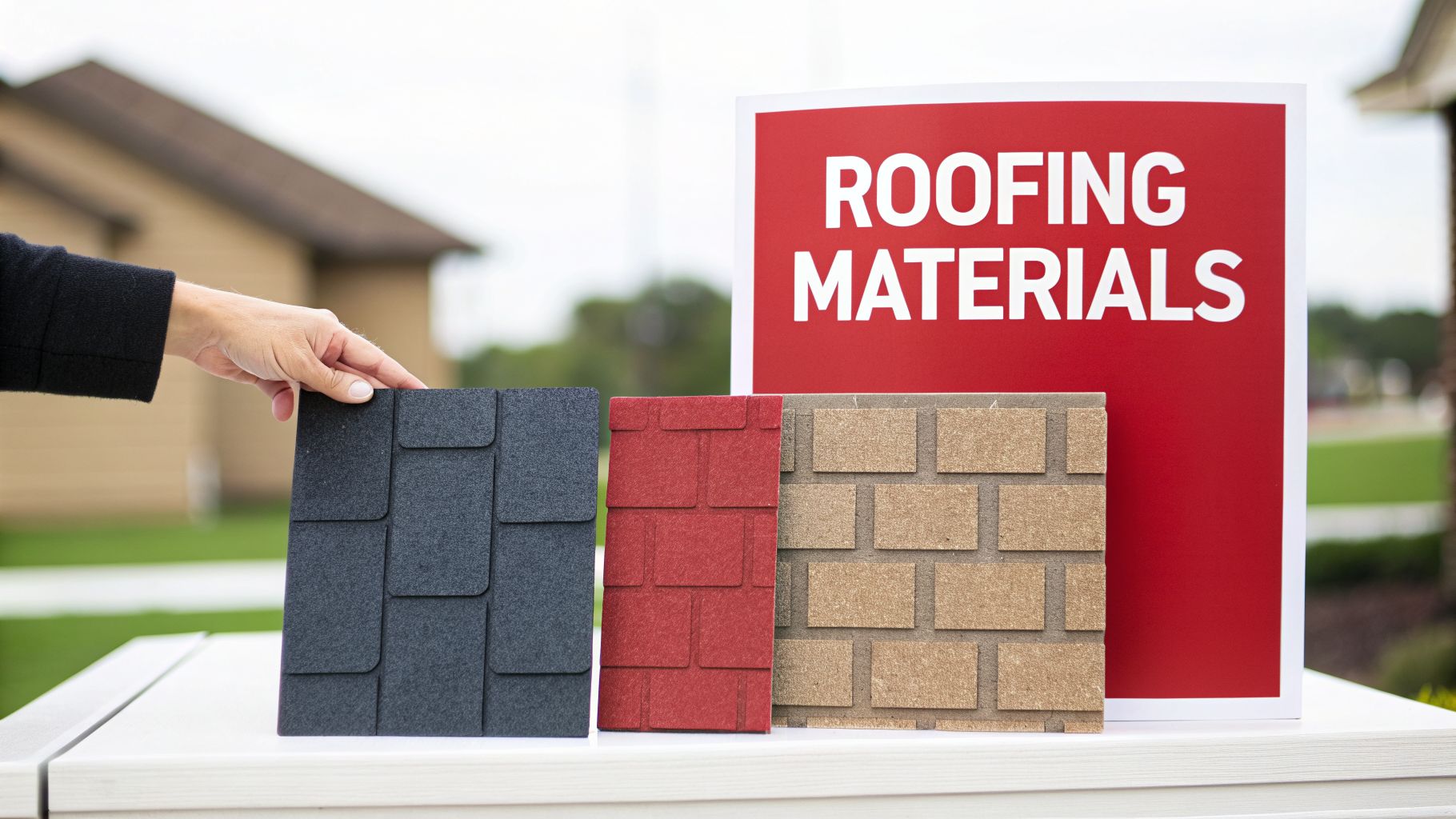 A hand displays a dark gray roofing material sample next to red and brown samples and a "ROOFING MATERIALS" sign.