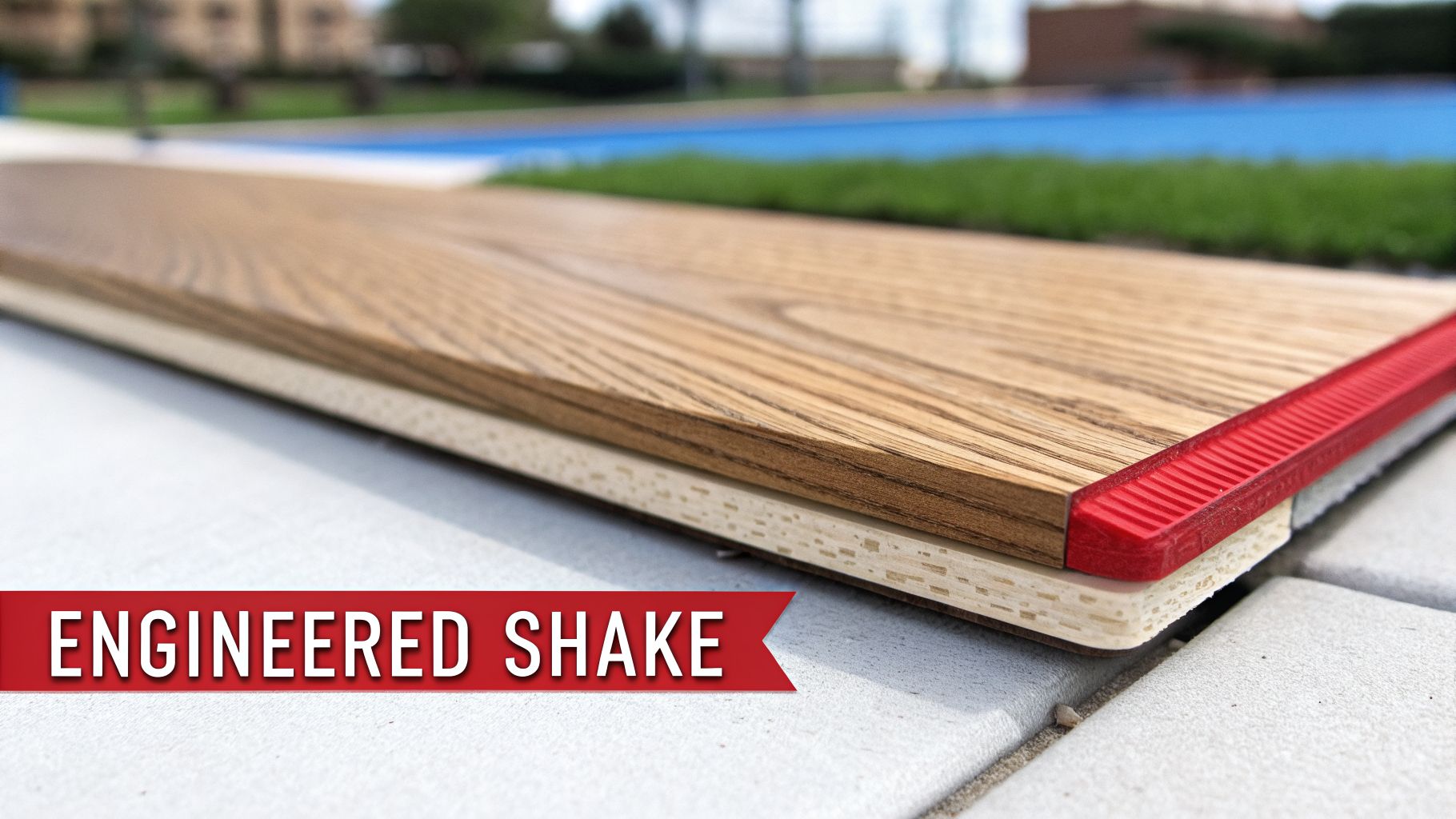 Engineered shake roofing sample showing wood grain texture and multi-layer construction with a red edge, placed outdoors.