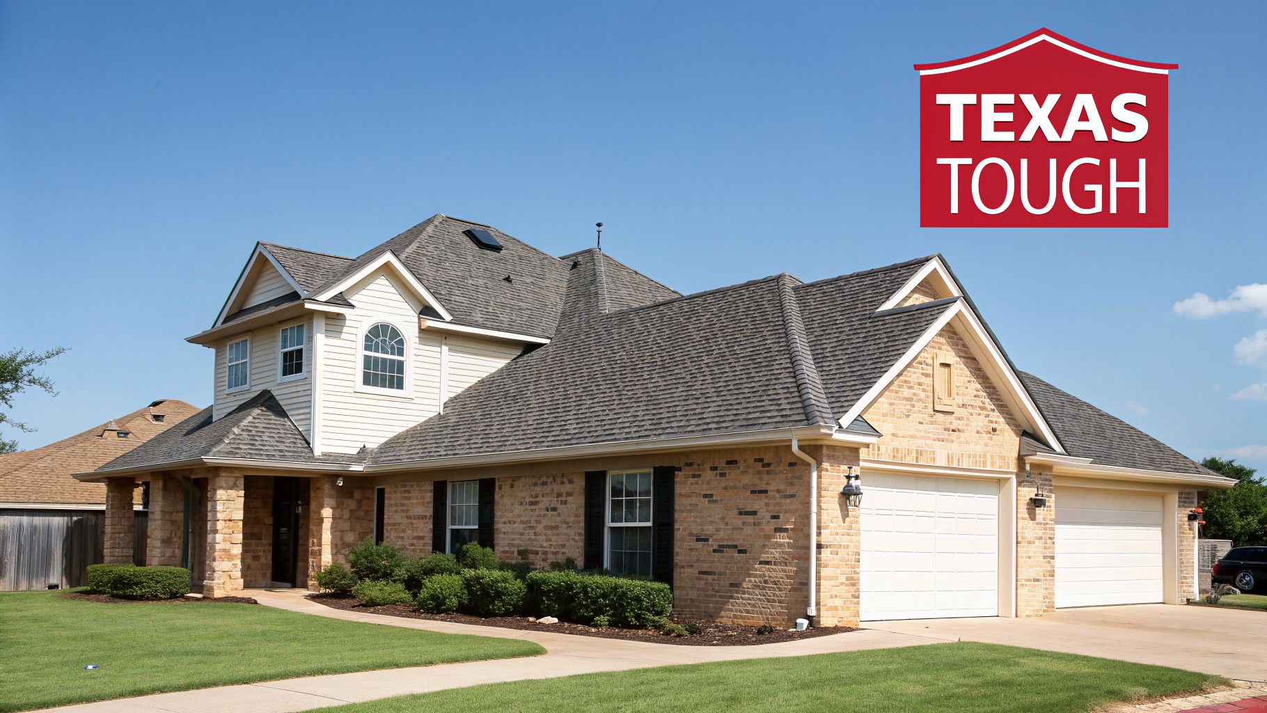 A large two-story modern house with a complex dark shingle roof and a manicured lawn.