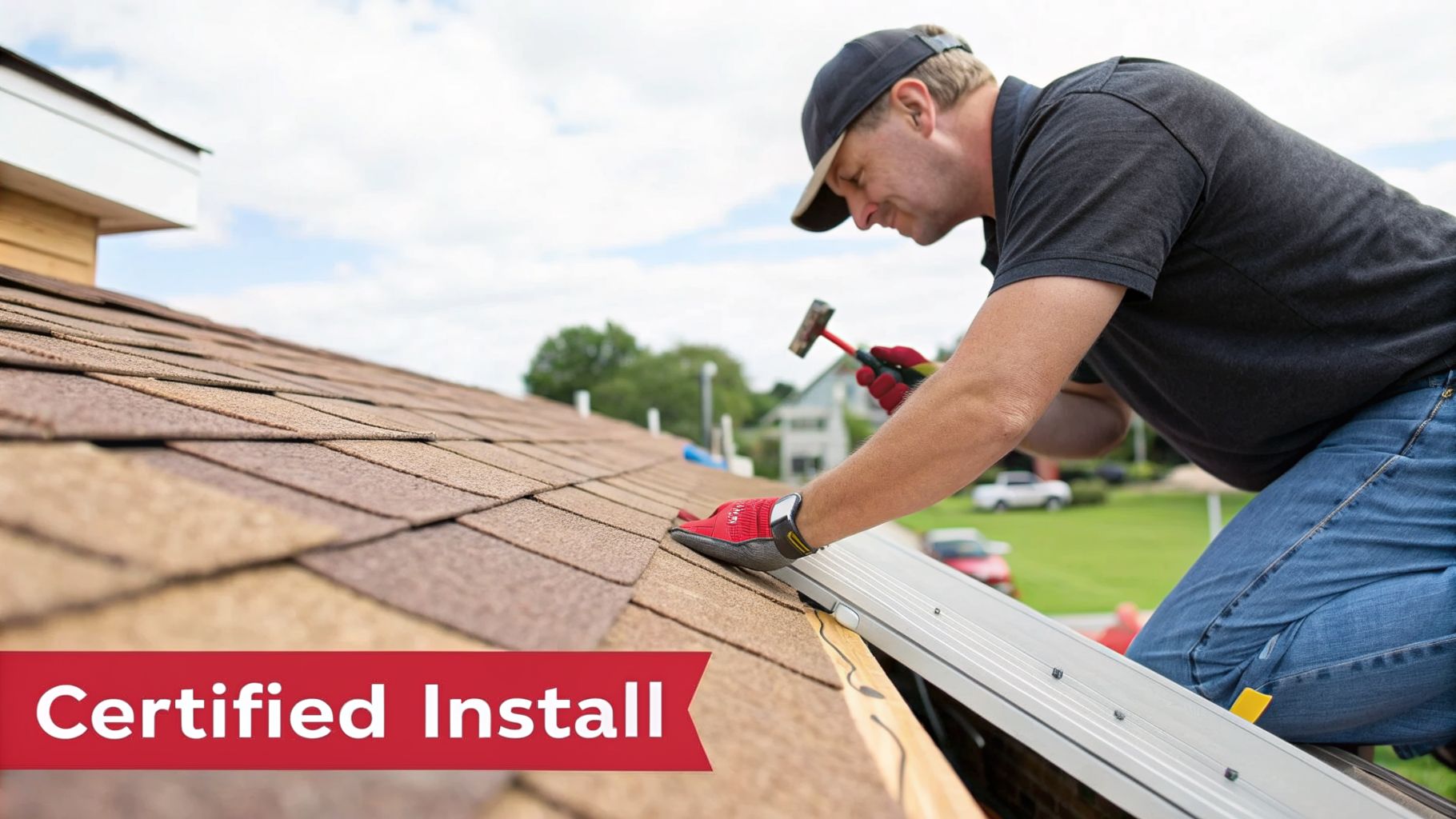 A skilled roofer installs synthetic roof shingles with a hammer on a house roof under a cloudy sky.