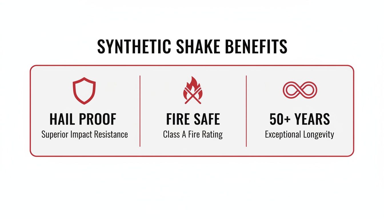 Synthetic shake roofing benefits: hail proof, fire safe, and exceptional 50+ years longevity.