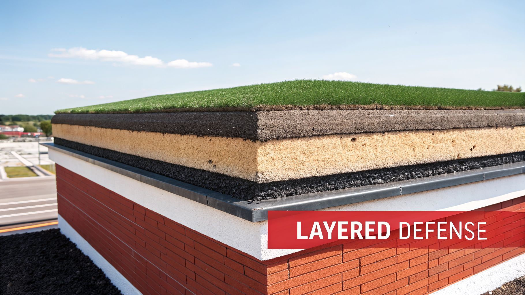 A detailed cross-section of a green roof, showing layers of grass, soil, drainage, and insulation on a building.