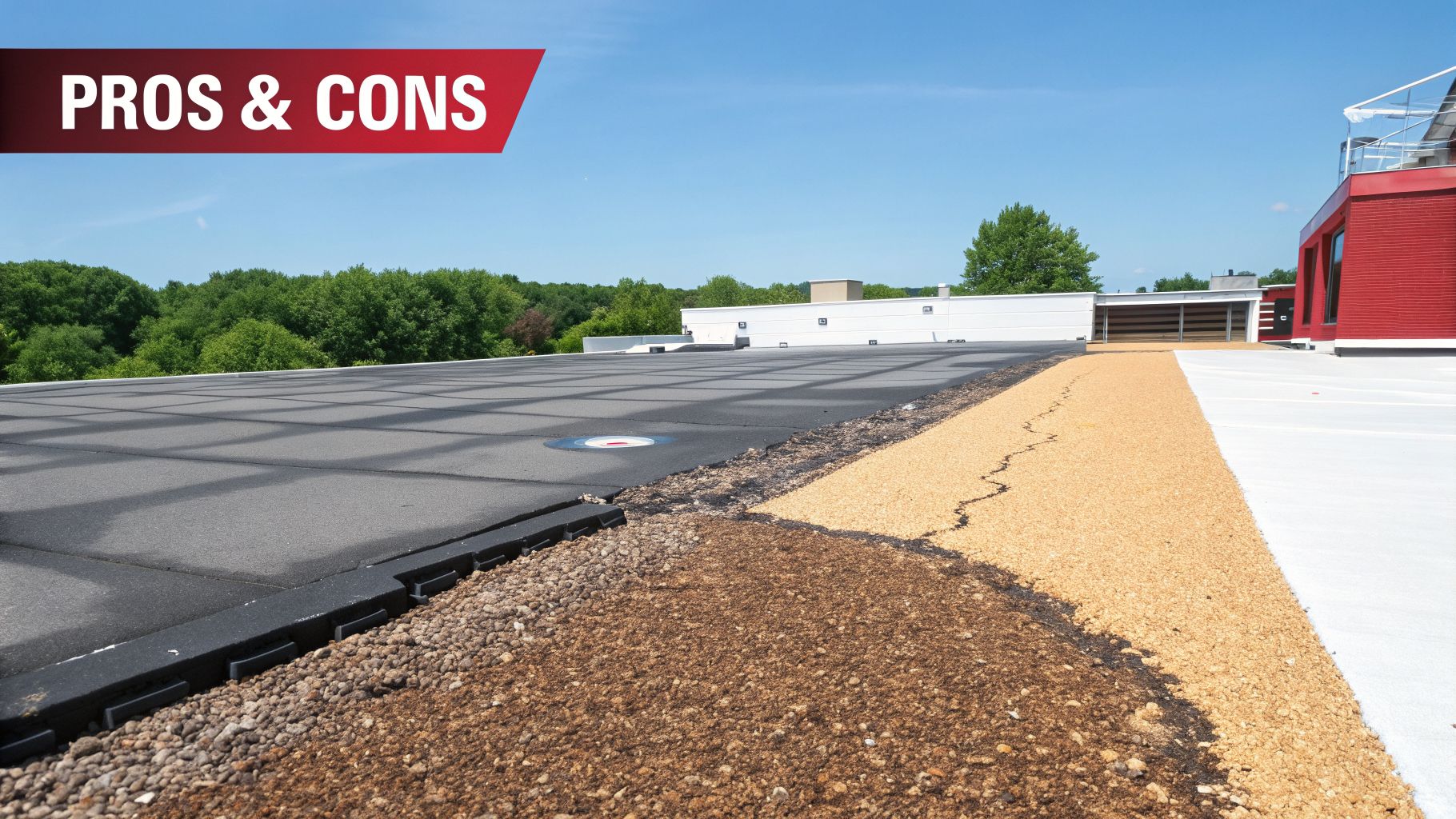 Rooftop with dark grey roofing, a gravel strip, and a white pathway under blue sky.