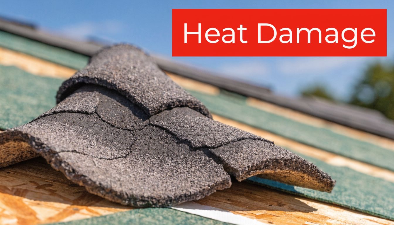 A close-up view of a heat-damaged asphalt roof shingle showing severe cracking and curling on a roof.