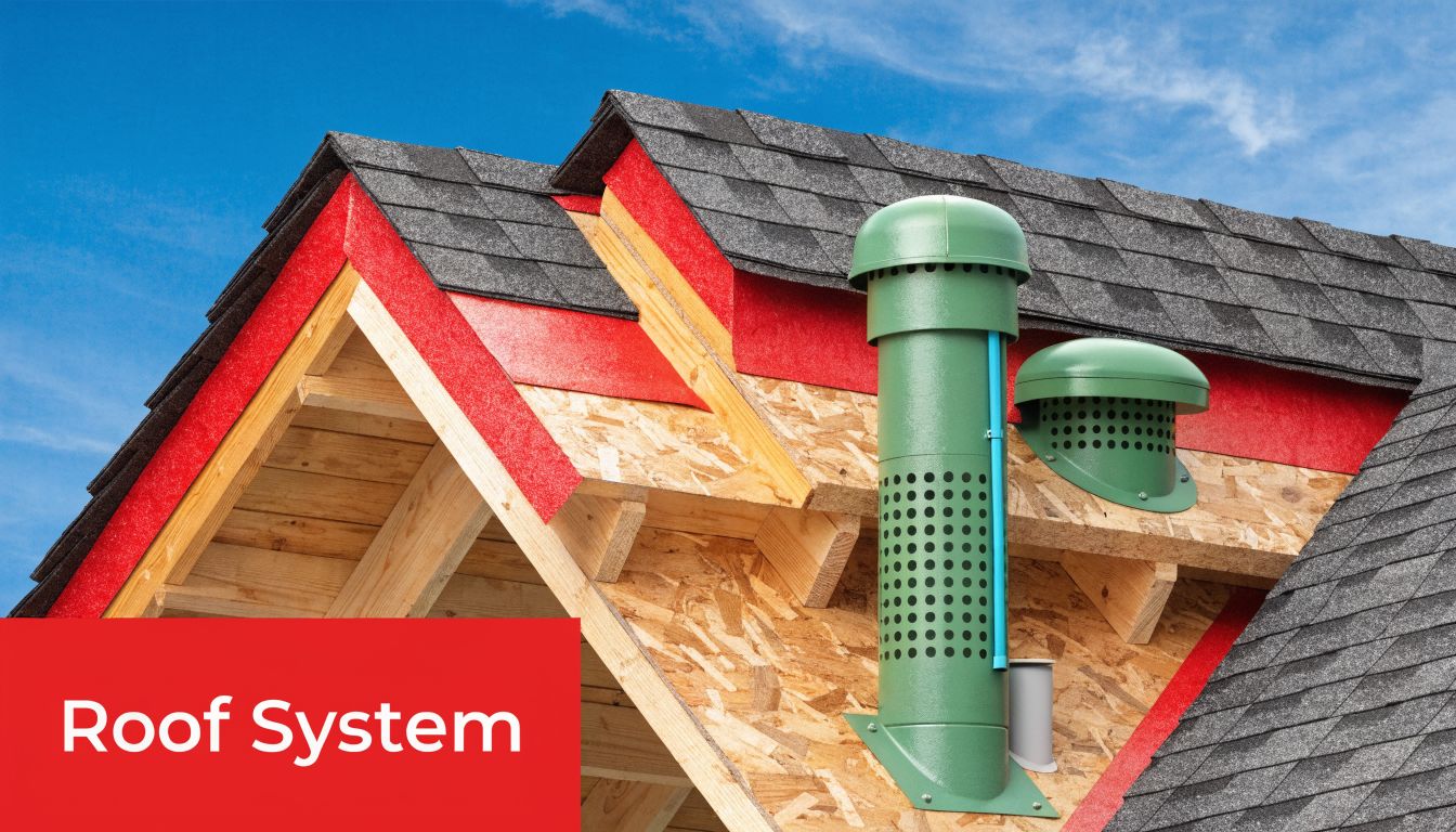 A close-up view of an unfinished roof structure featuring asphalt shingles, exposed wooden framing, and green ventilation pipes.