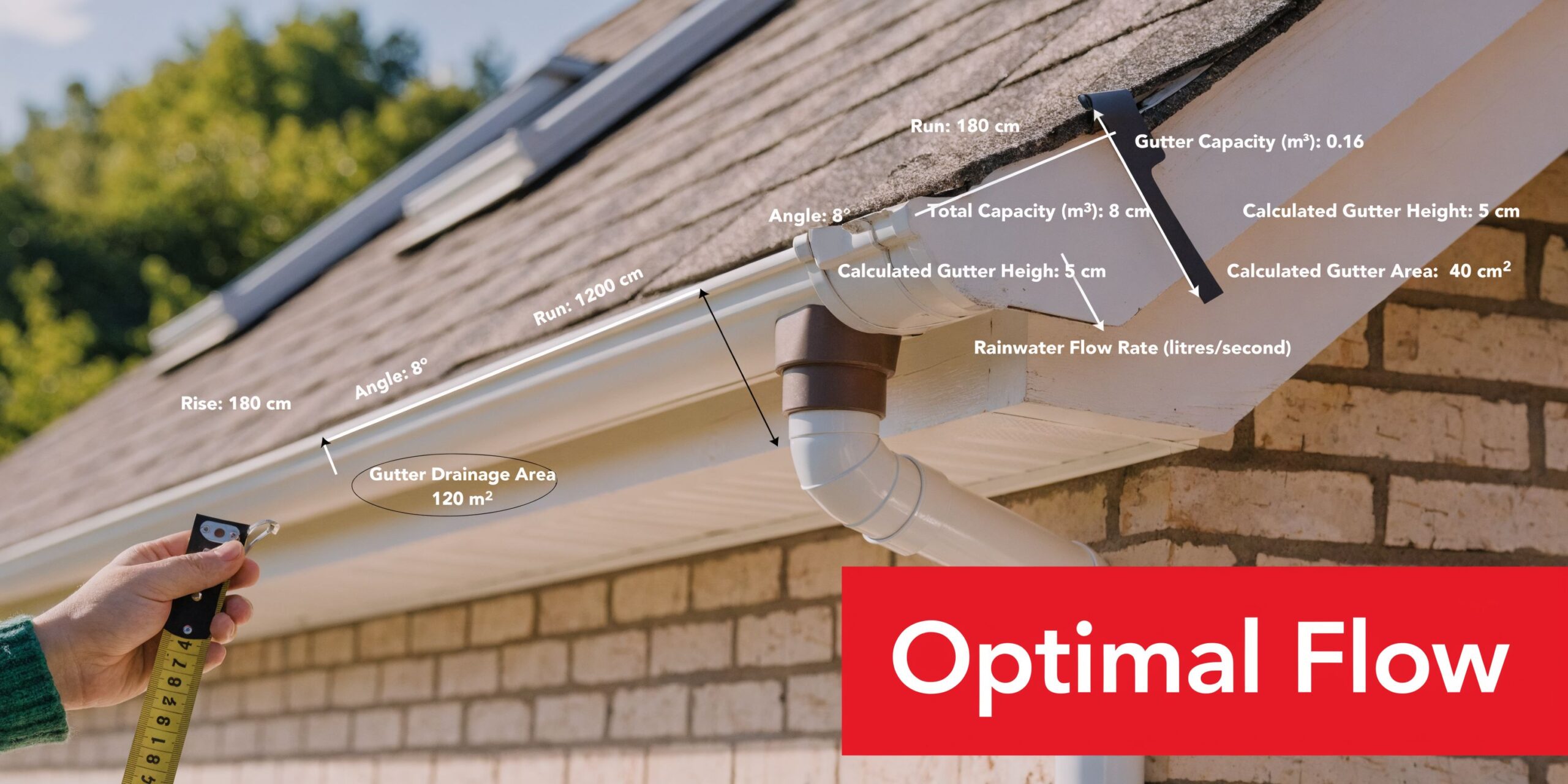 A close-up view of roof gutters being measured with a tape measure to calculate optimal drainage flow.