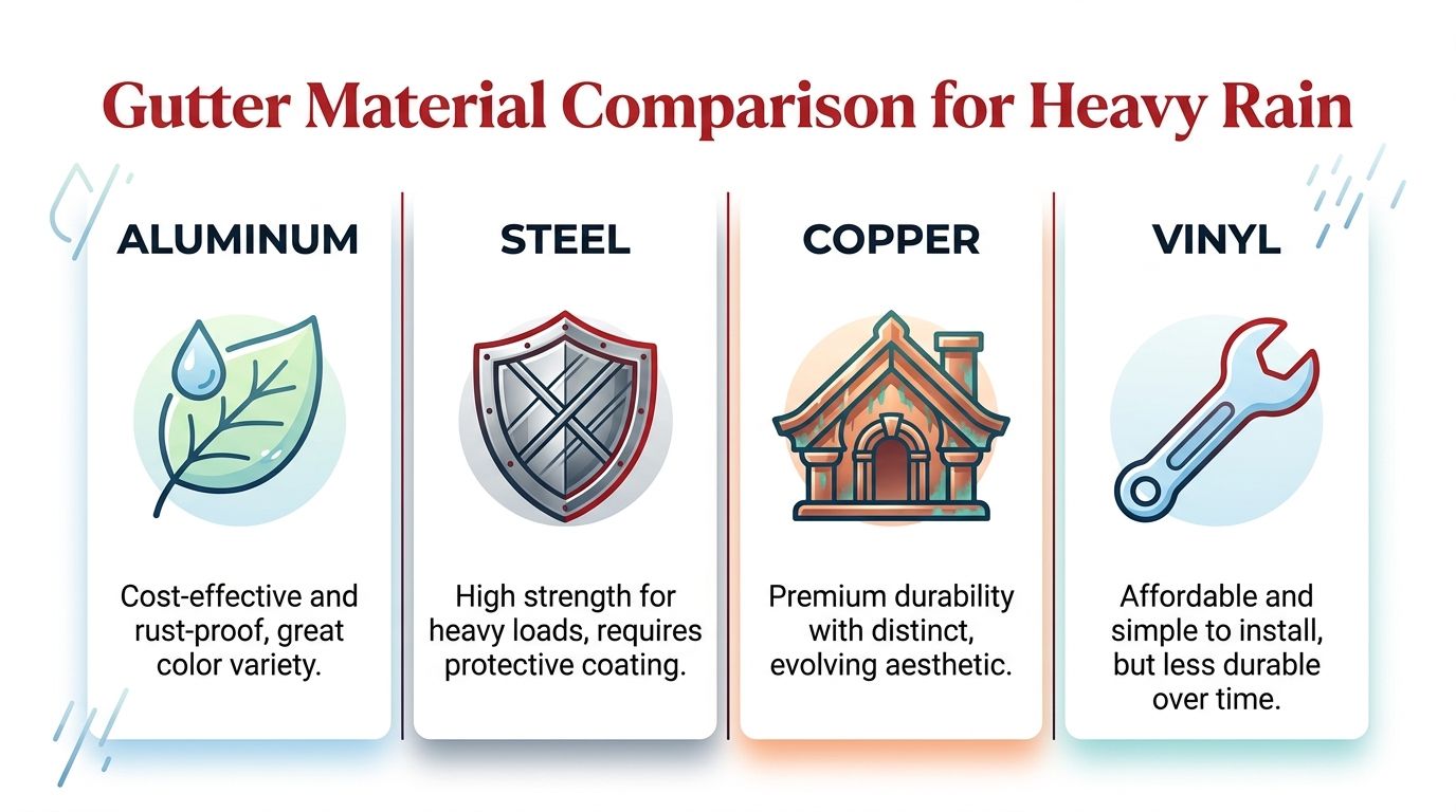 A comparison chart of four common gutter materials including aluminum, steel, copper, and vinyl for heavy rain.