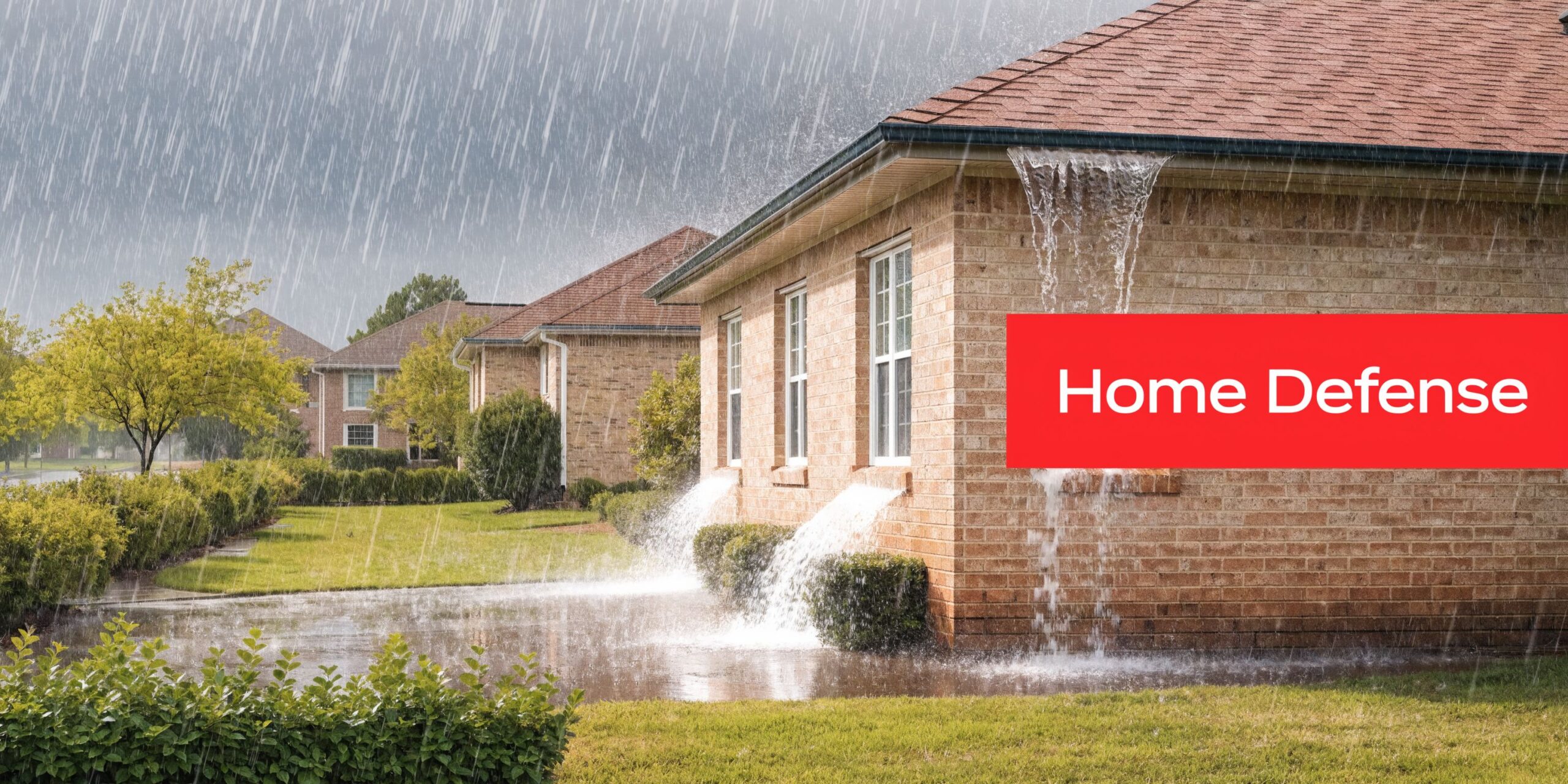 A brick house with overflowing gutters during a heavy rainstorm, showing water pouring down the side walls.