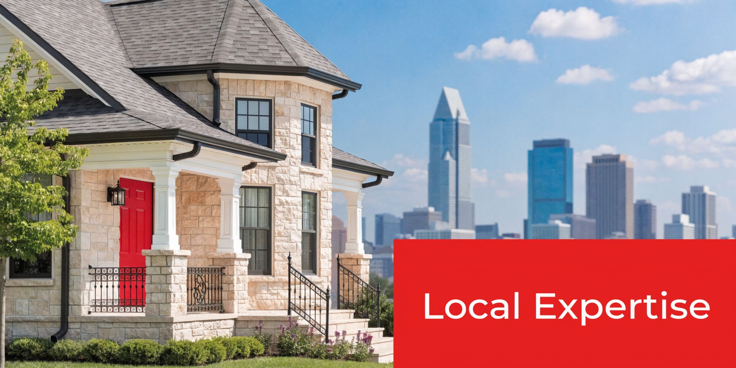 A luxurious suburban house with a red door located in front of a city skyline backdrop.